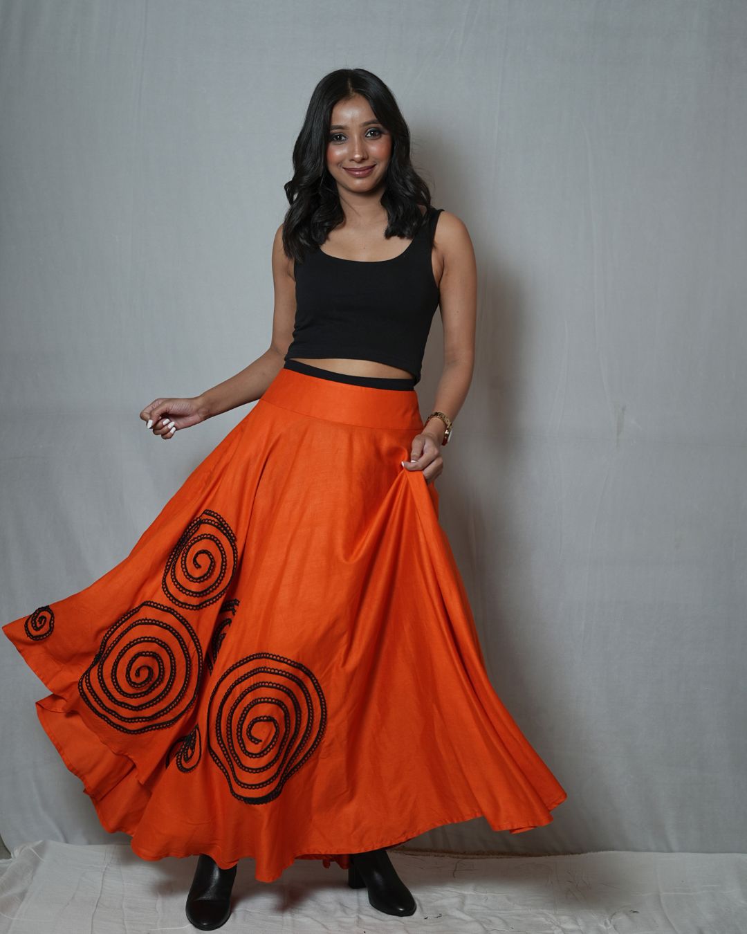 Orange Elegance Skirt – with Black Lace & Pearl Detailing