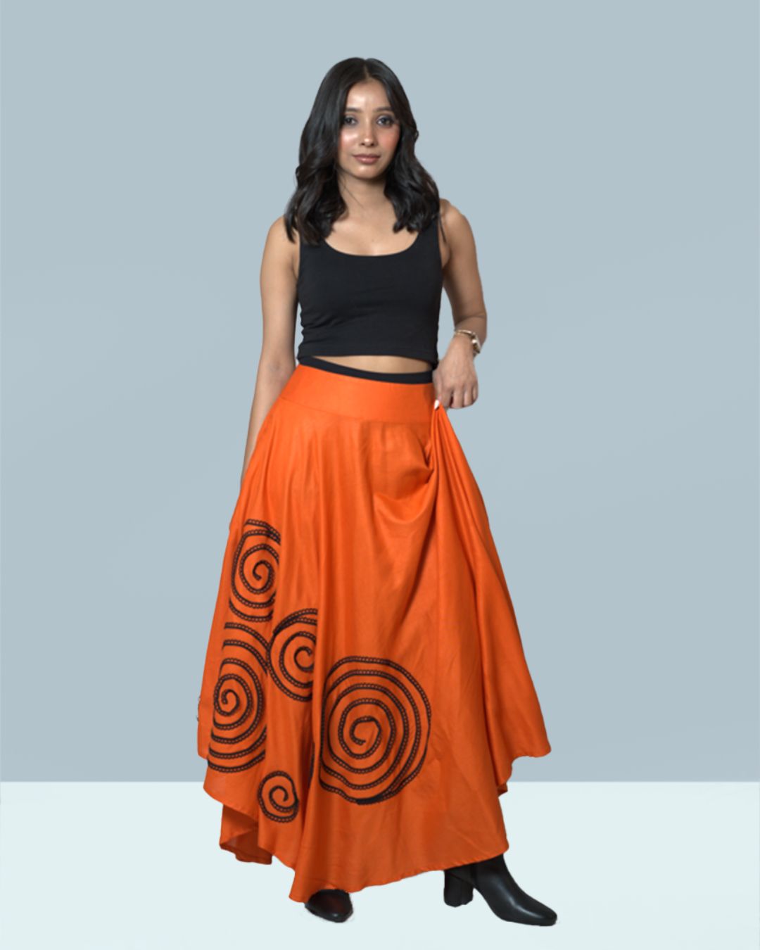 Orange Elegance Skirt – with Black Lace & Pearl Detailing