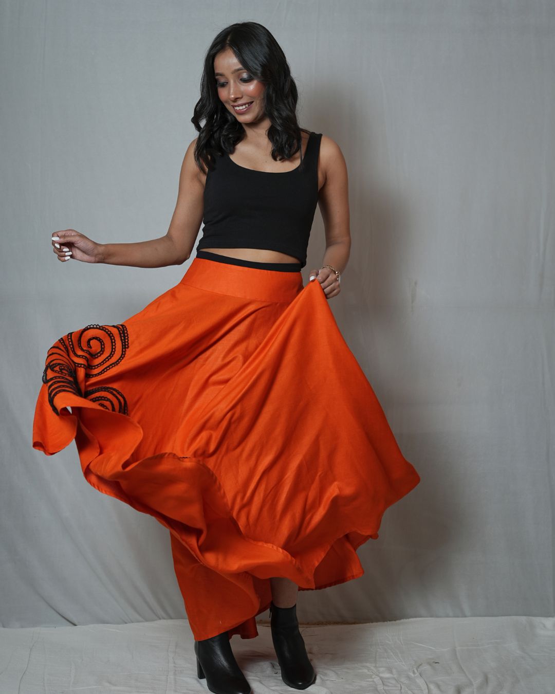 Orange Elegance Skirt – with Black Lace & Pearl Detailing