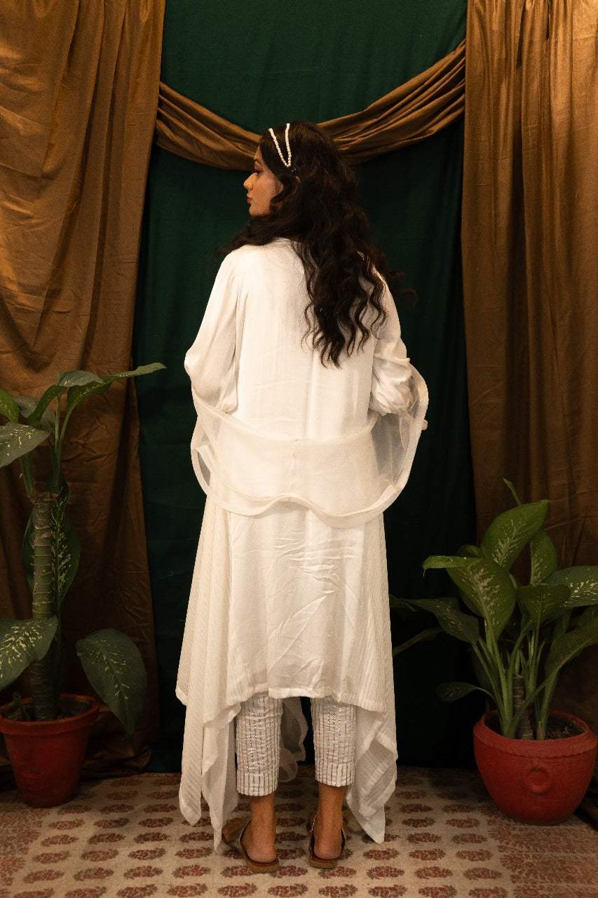 Asymmetrical Kurta Set with Ruffle Dupatta