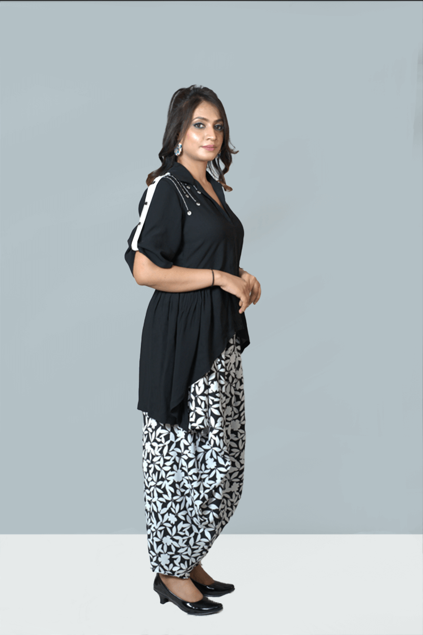 Black Asymmetrical top with Printed Dhoti Pants Co-Ord Set