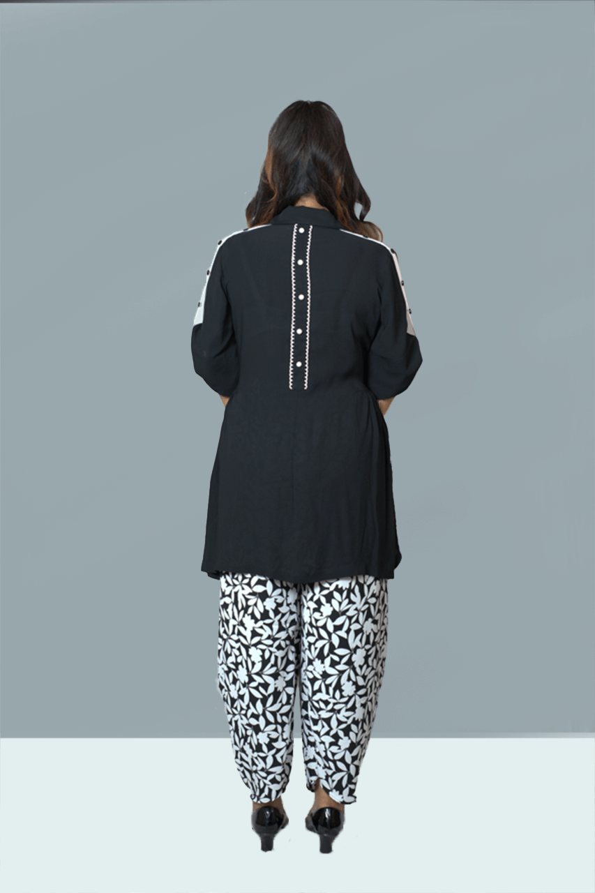 Black Asymmetrical top with Printed Dhoti Pants Co-Ord Set