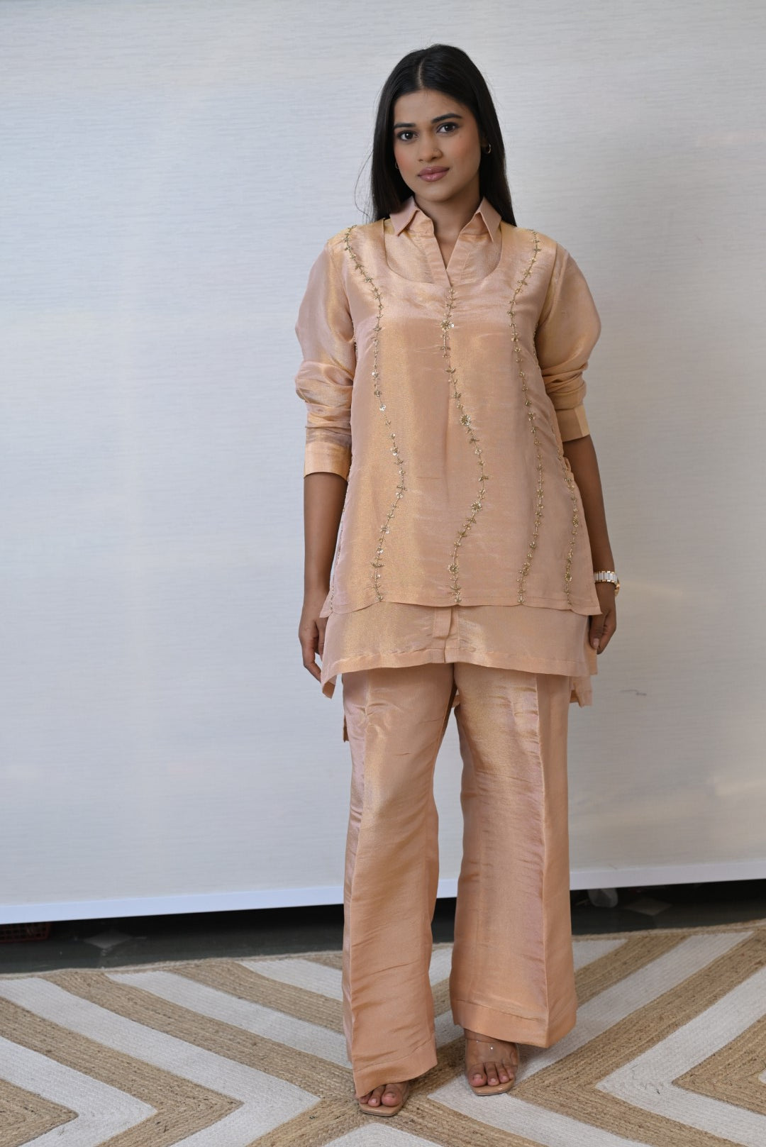 Three Piece Embroidery Tissue Co-ord Set