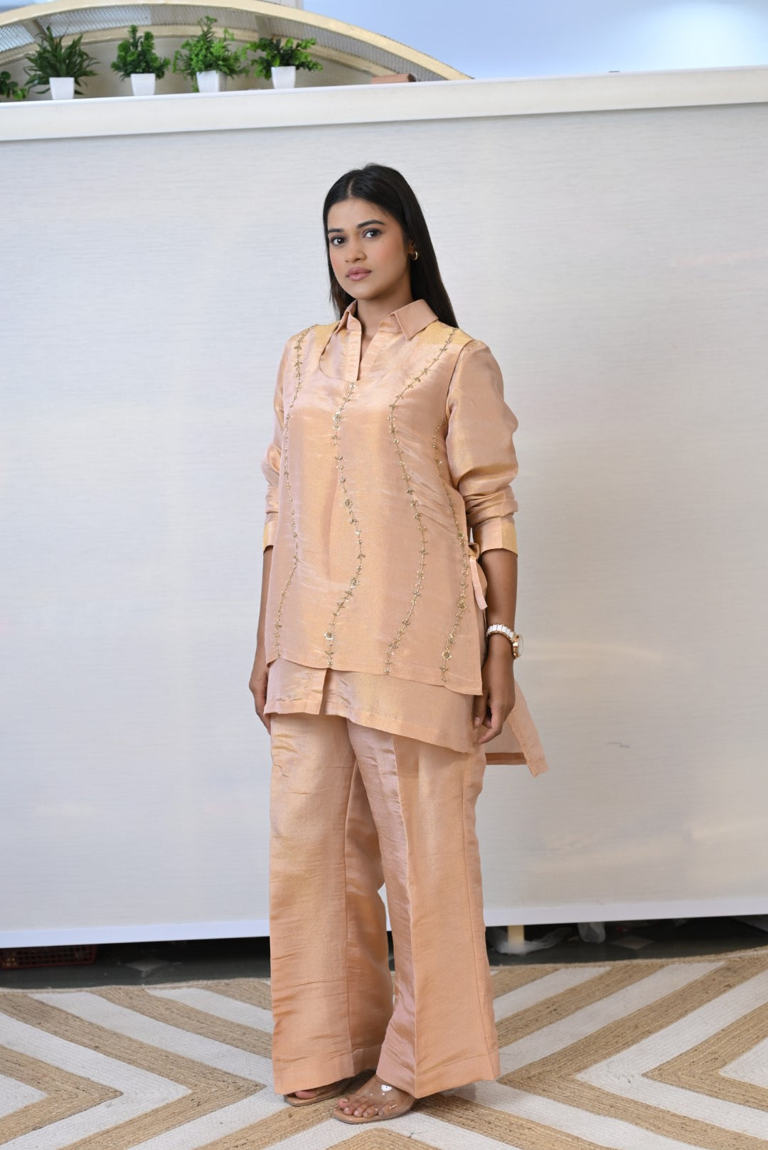 Three Piece Embroidery Tissue Co-ord Set