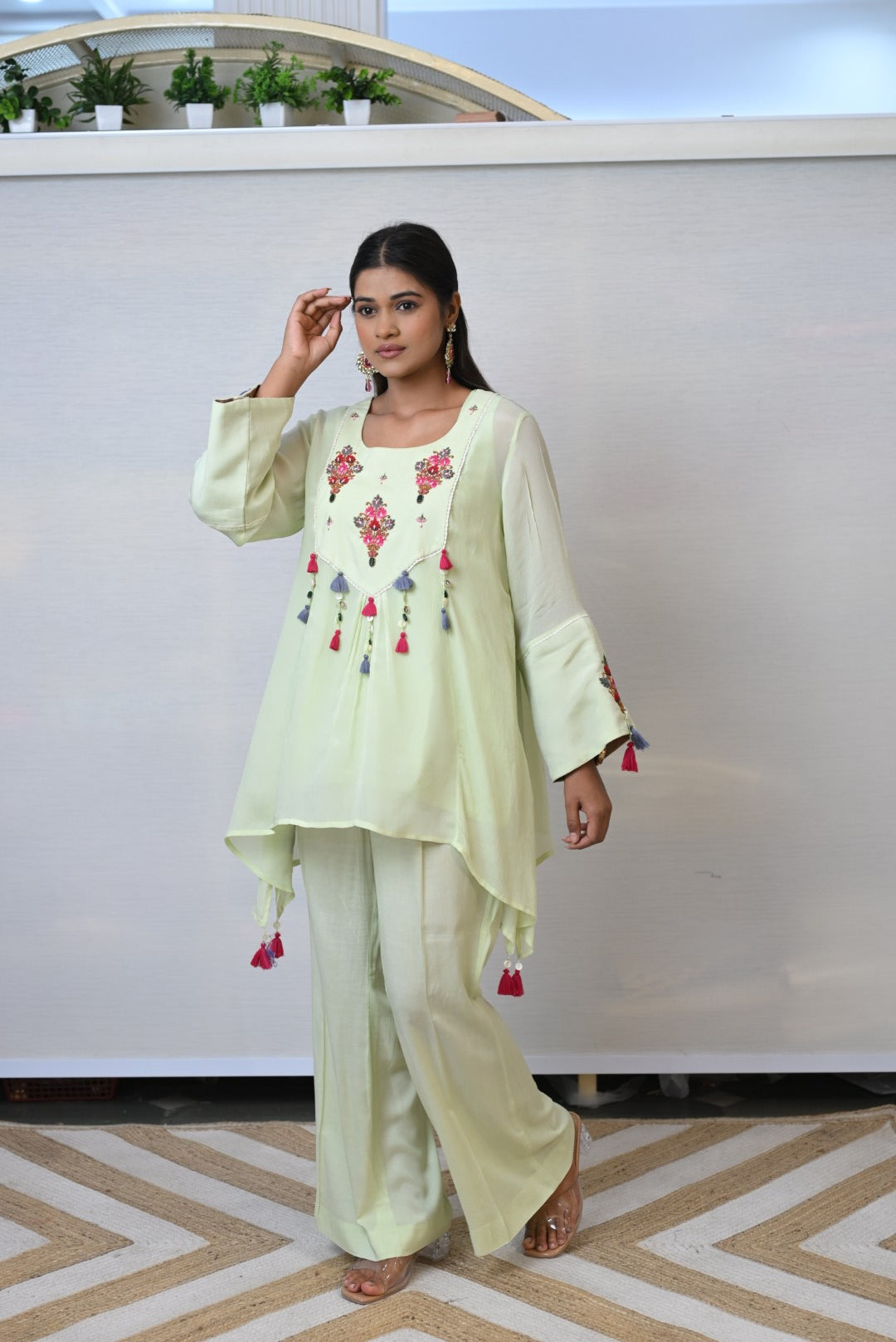 Green Embroidery A- line Co-ord Set