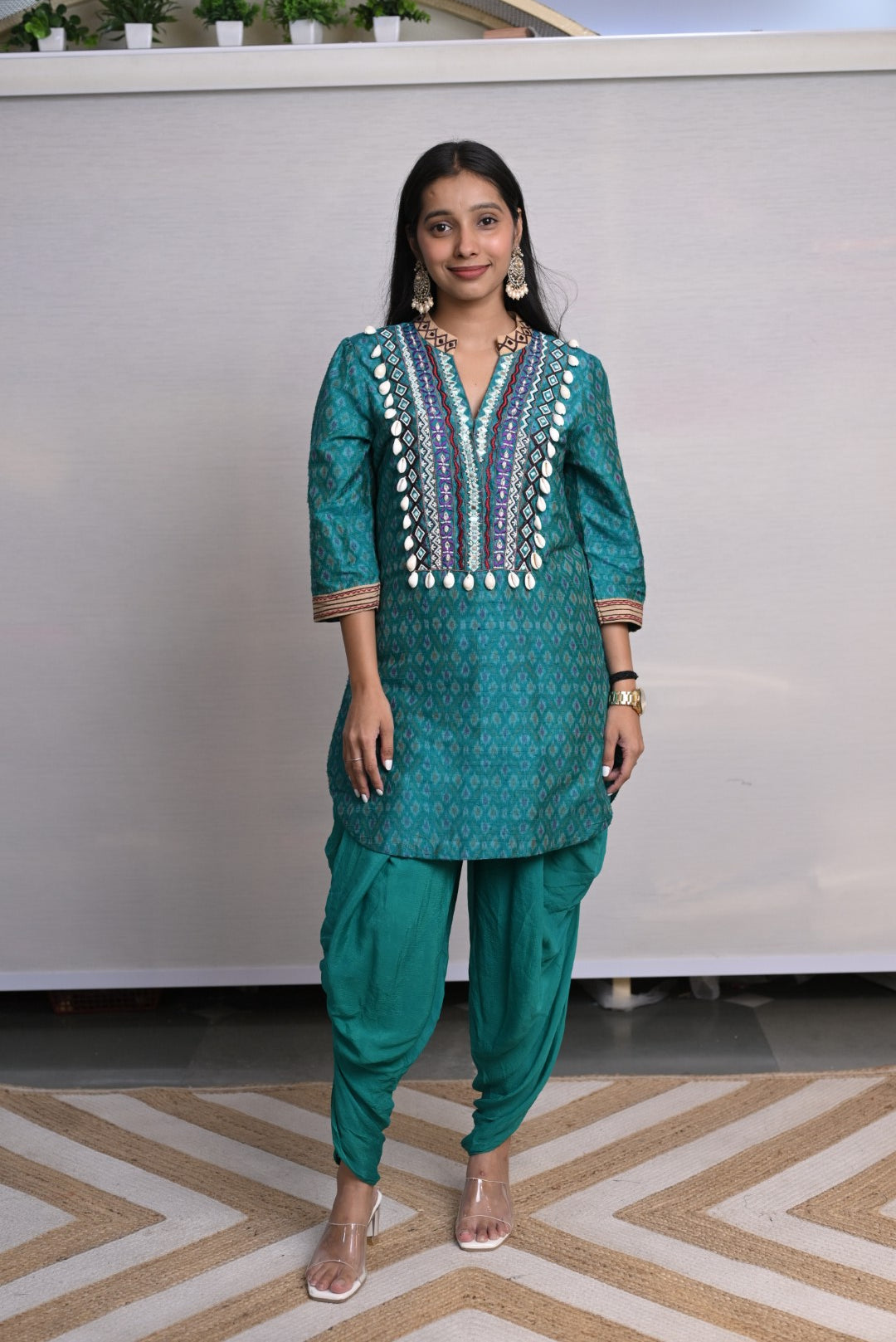 Teal Shell Work Dhoti Co-ord Set