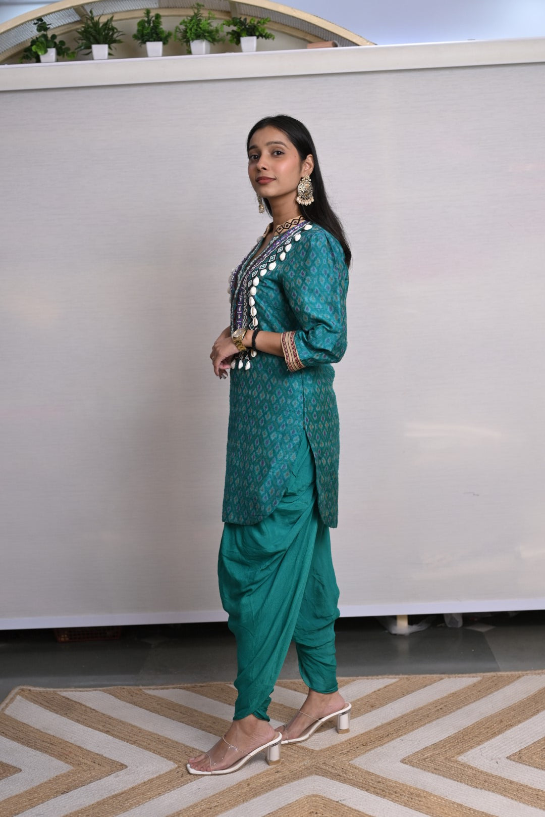 Teal Shell Work Dhoti Co-ord Set