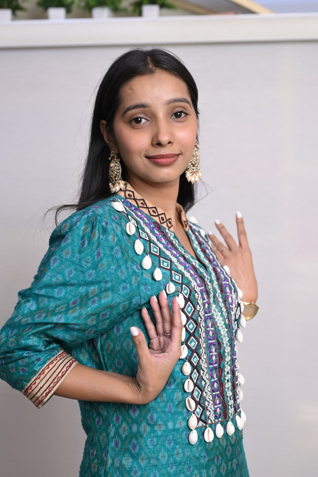 Teal Shell Work Dhoti Co-ord Set