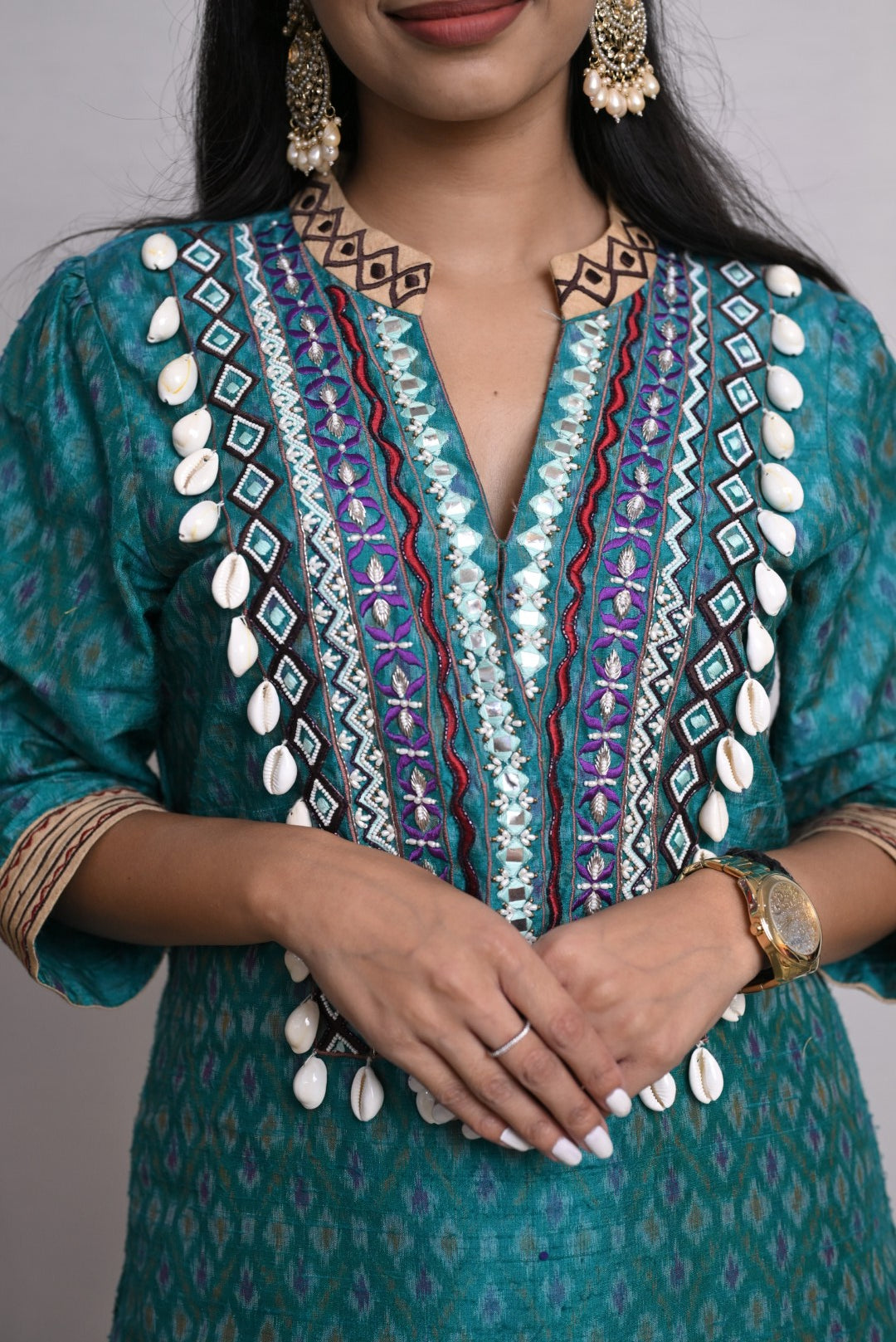 Teal Shell Work Dhoti Co-ord Set