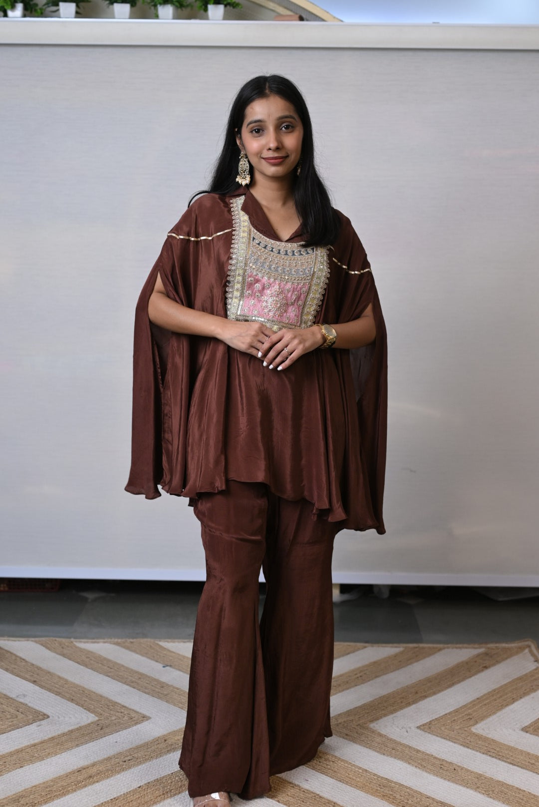 Flared Cape Style  Brown Co-ord Set