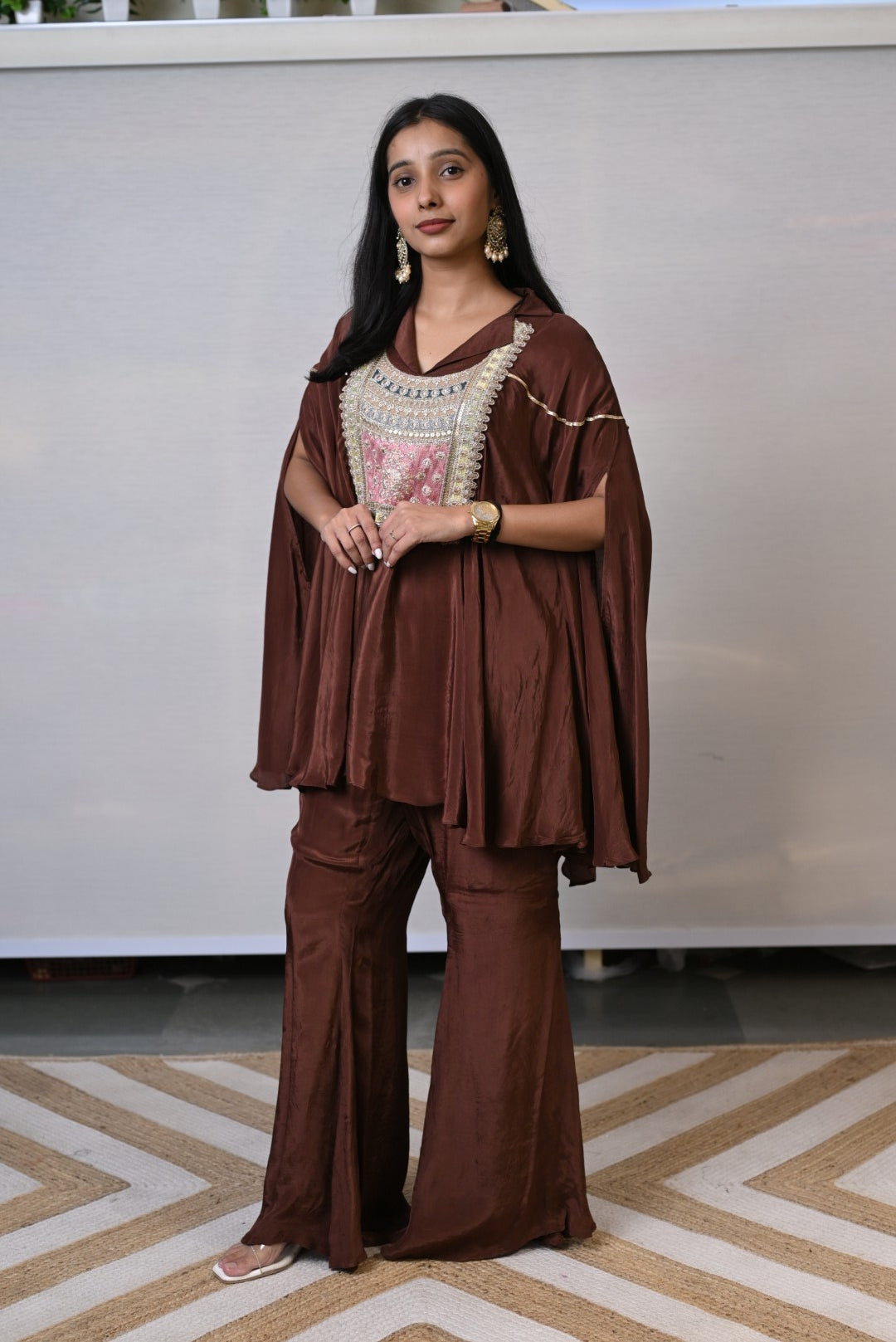 Flared Cape Style  Brown Co-ord Set