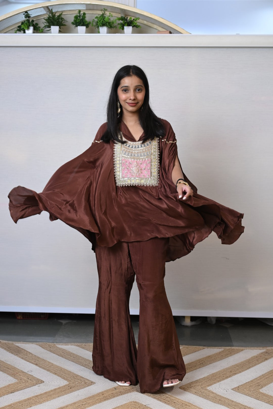 Flared Cape Style  Brown Co-ord Set