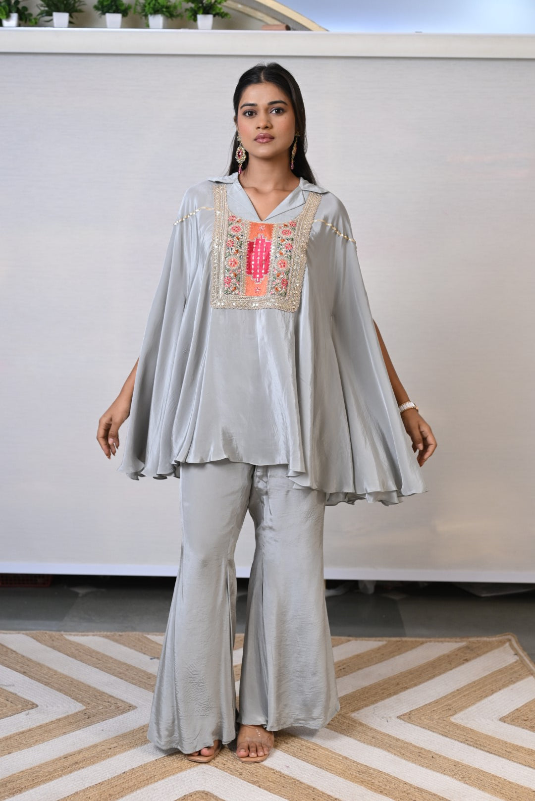 Flared Cape Style  Grey Co-ord Set