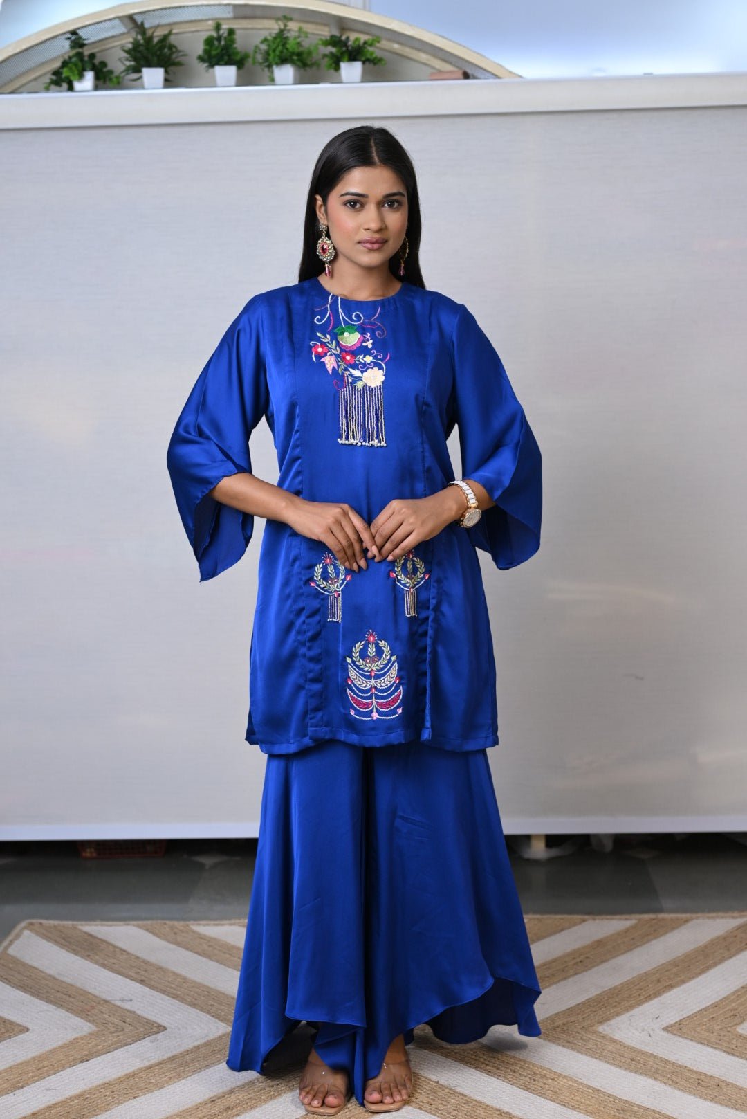 Royal Sapphire Embroidered Asymmetrical Co-ord Set