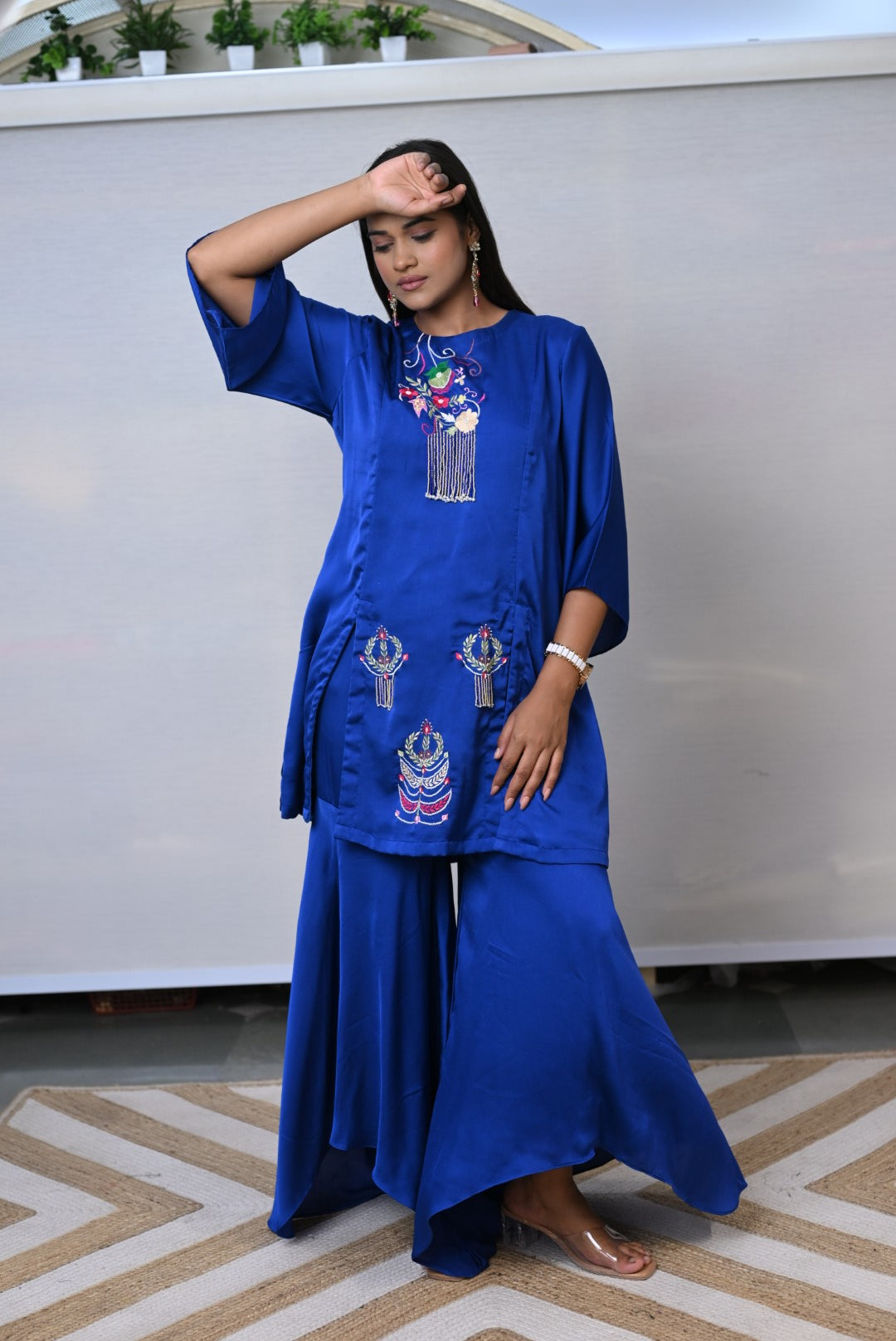 Royal Sapphire Embroidered Asymmetrical Co-ord Set