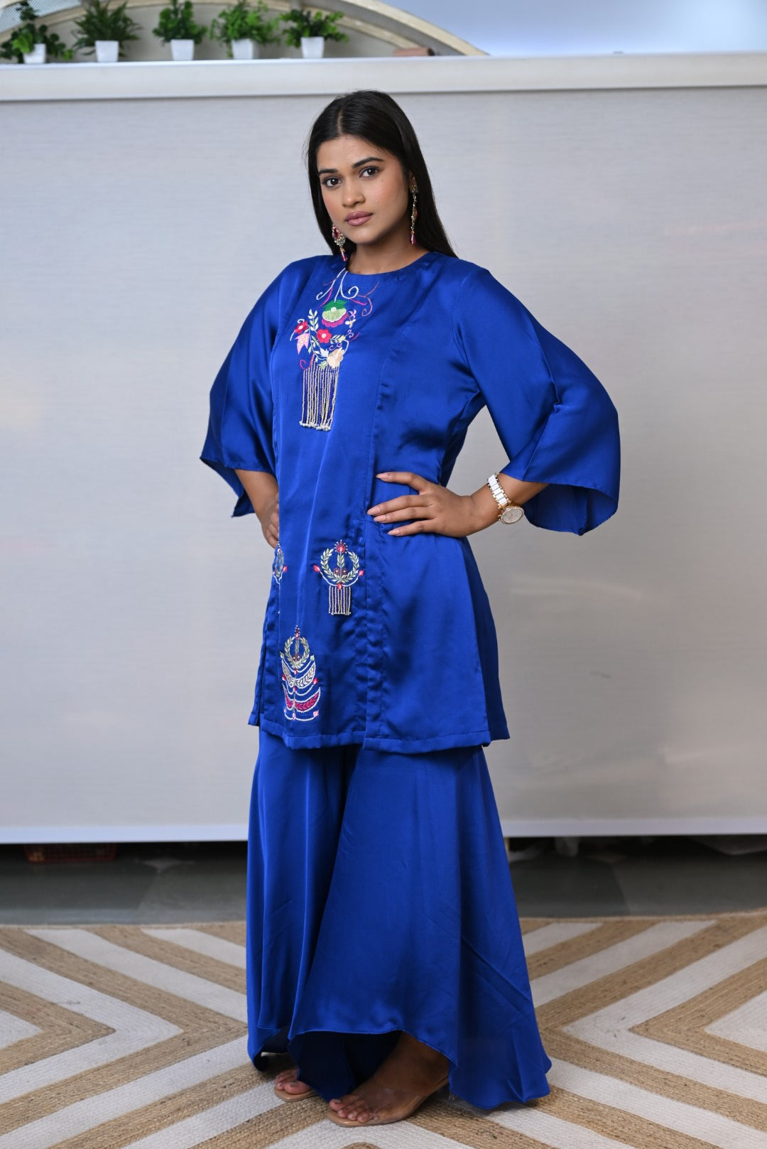 Royal Sapphire Embroidered Asymmetrical Co-ord Set