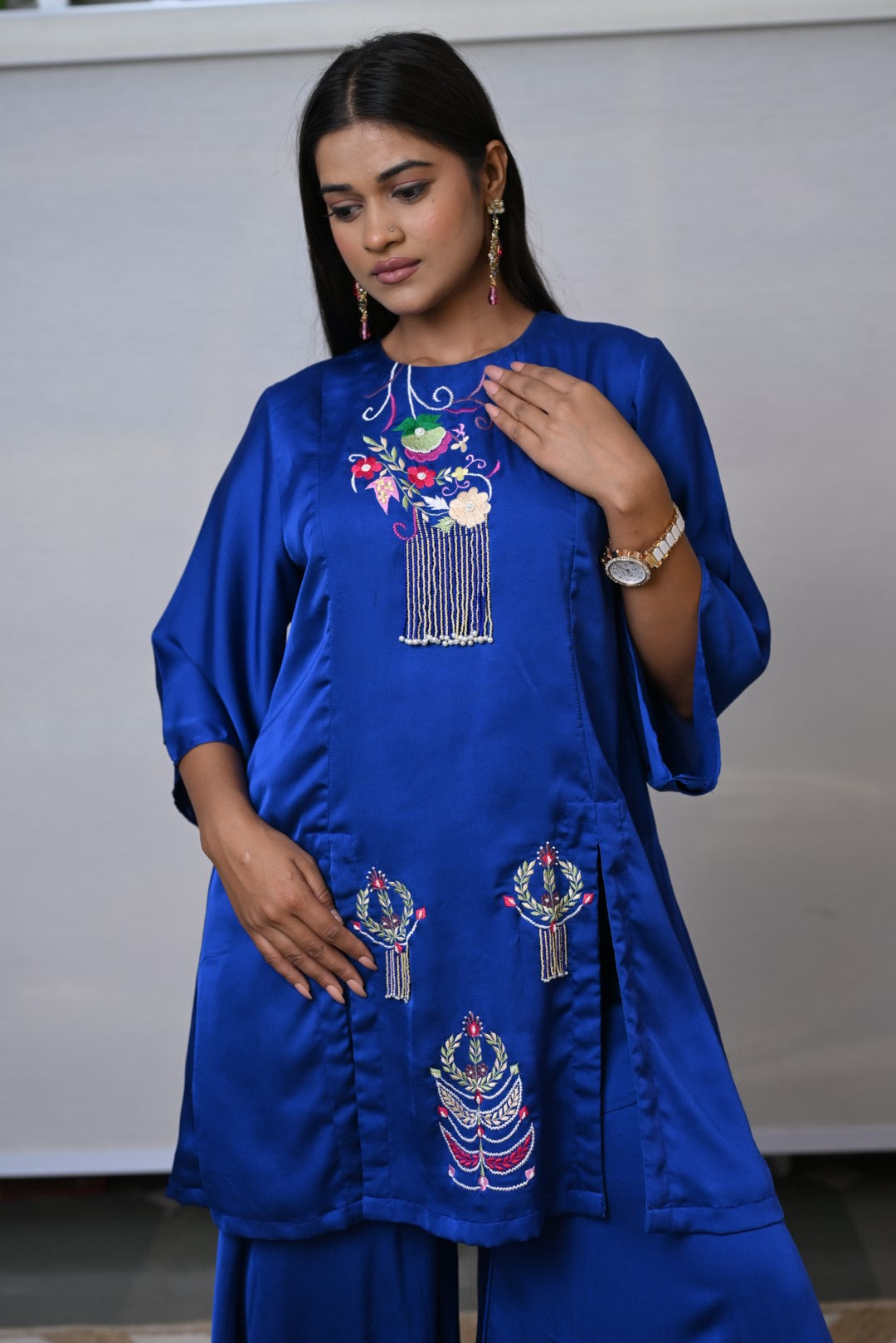 Royal Sapphire Embroidered Asymmetrical Co-ord Set