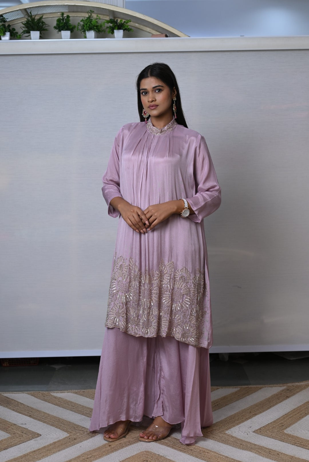 Mauve Embroidery Pleated Co-ord Set