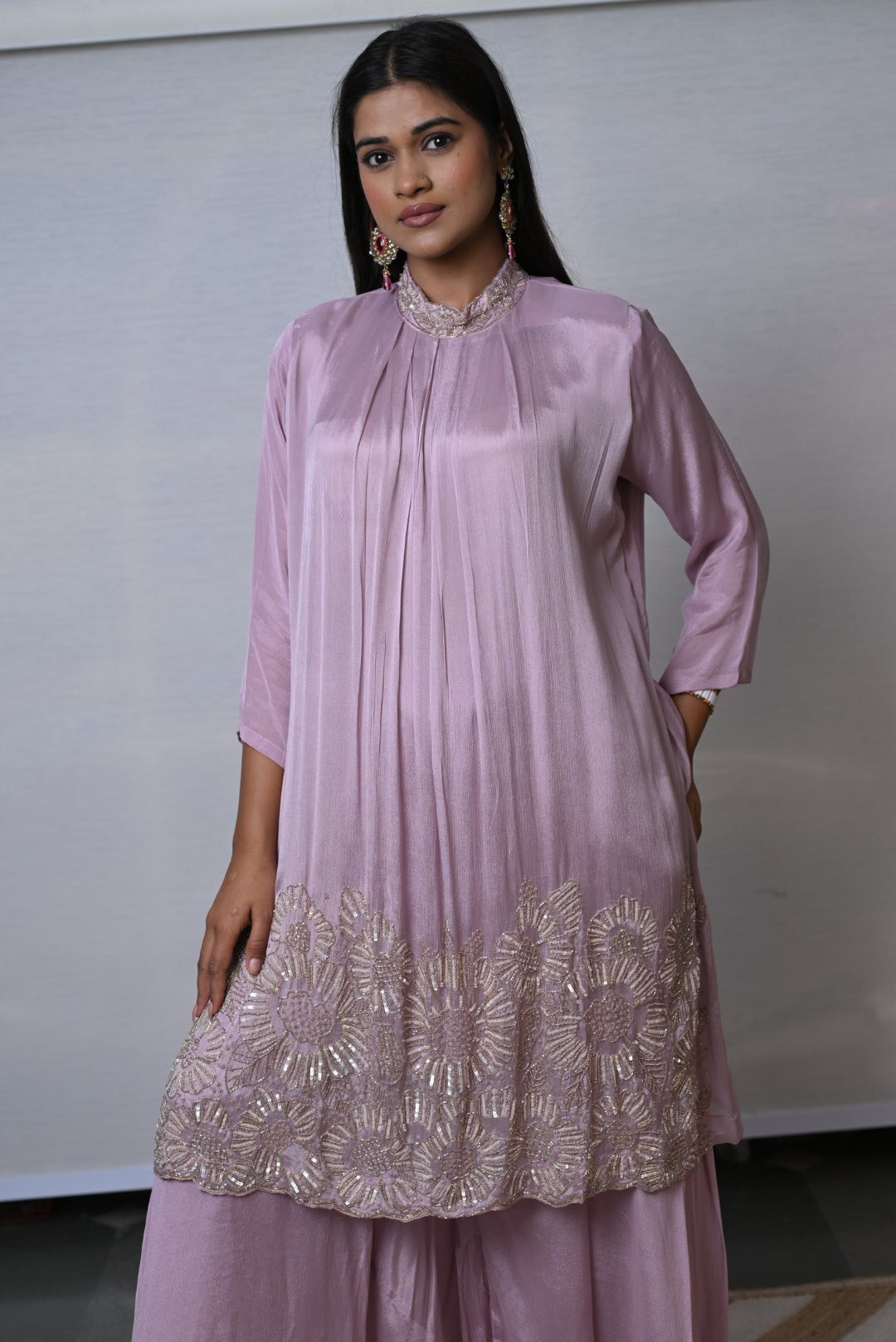 Mauve Embroidery Pleated Co-ord Set