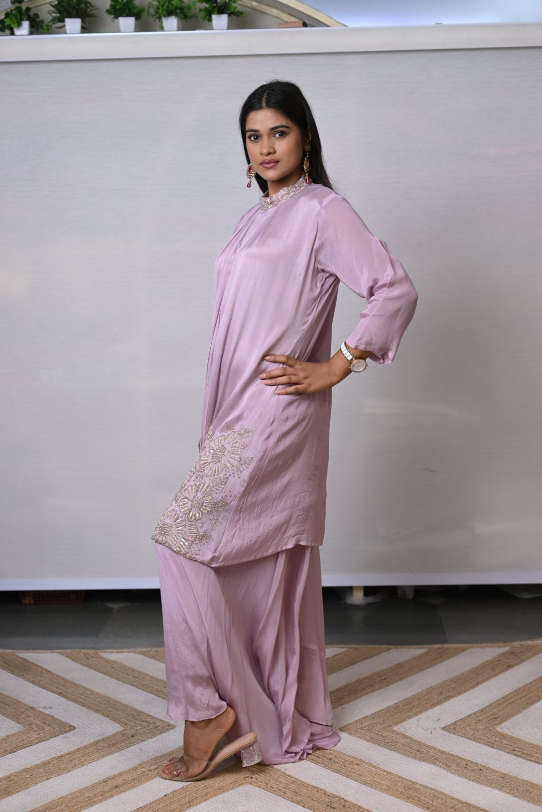 Mauve Embroidery Pleated Co-ord Set