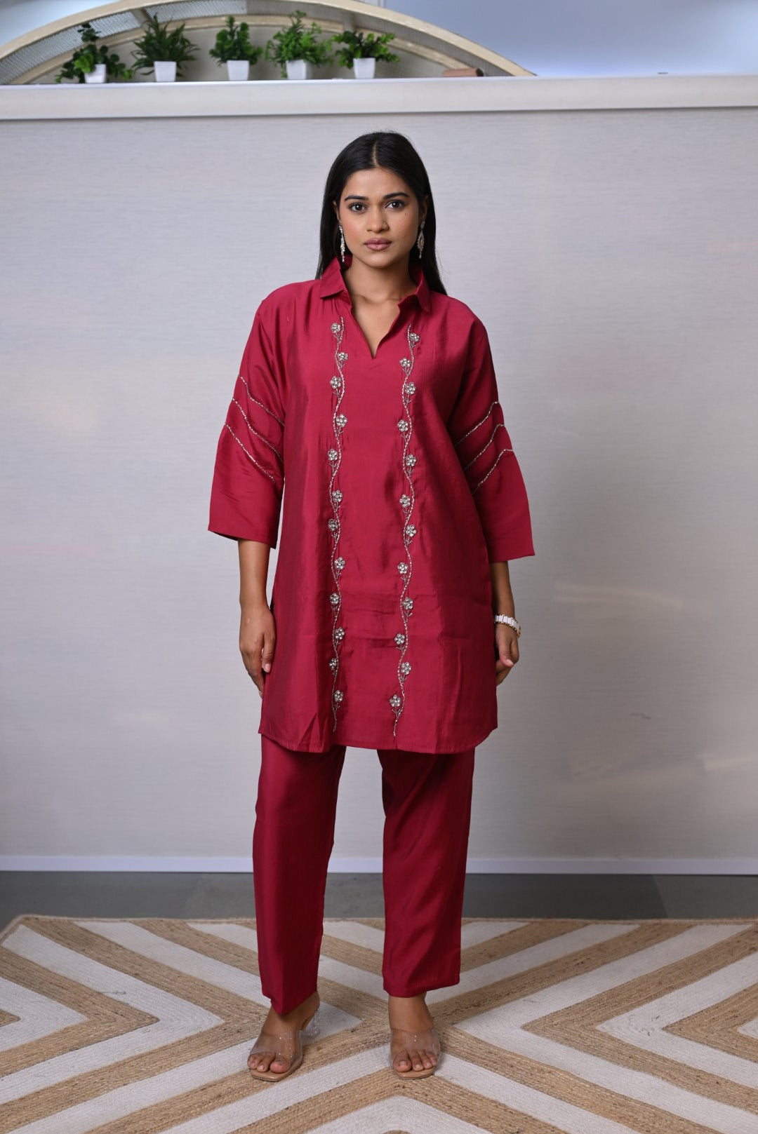 Crimson Elegance Embroidered Co-ord Set