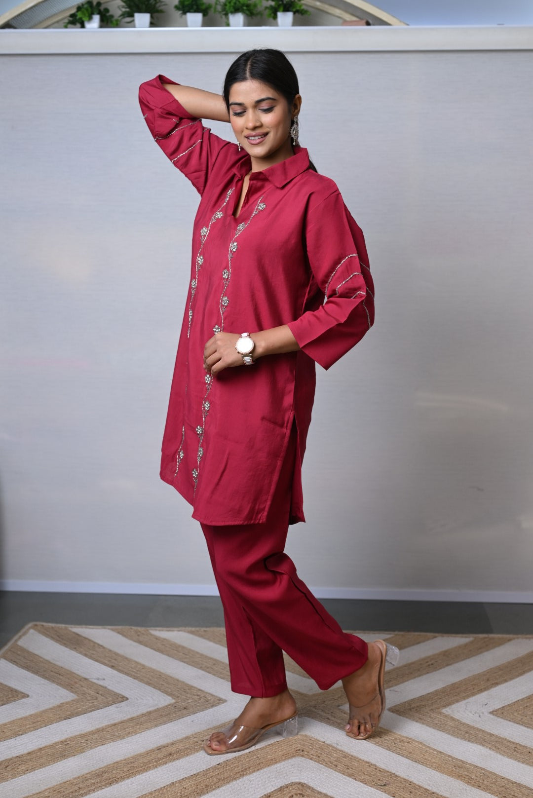 Crimson Elegance Embroidered Co-ord Set