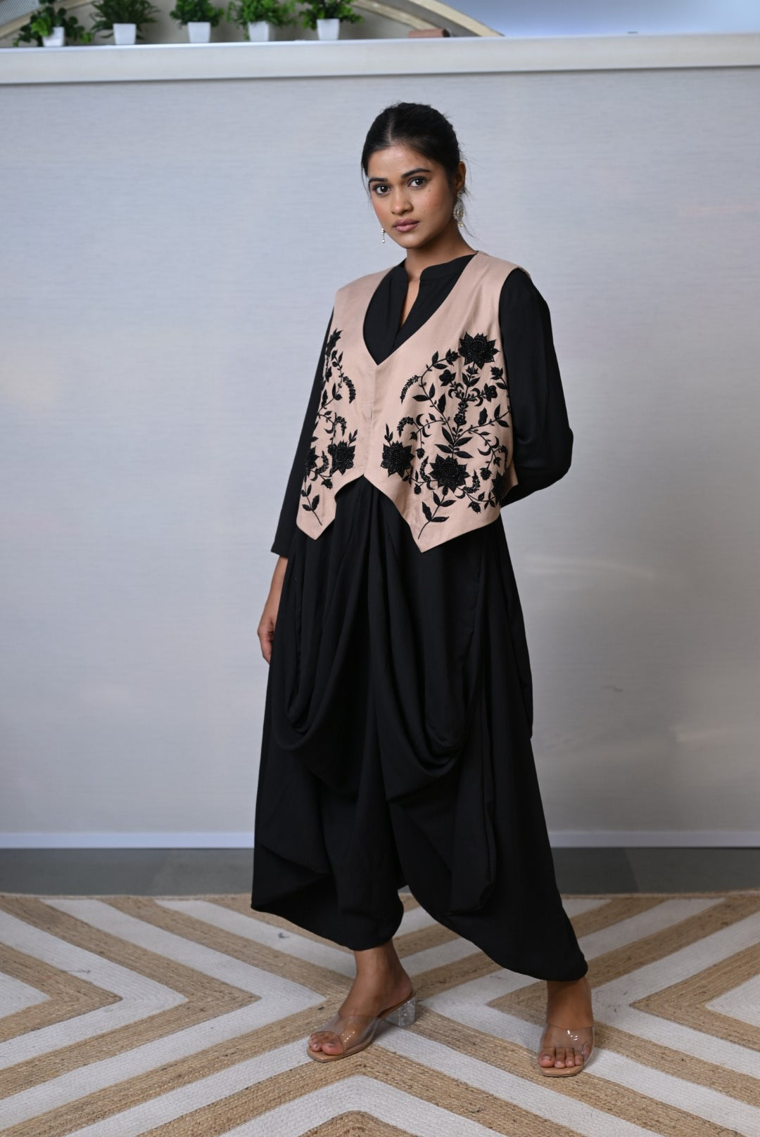 Black Cowl Dress with Nude Embroidered Jacket
