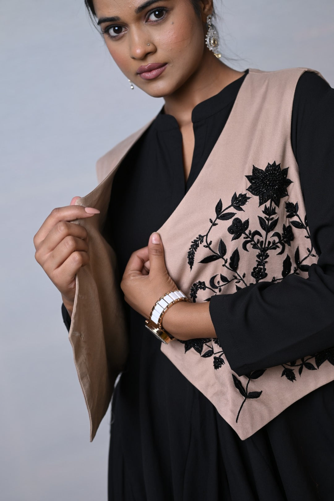 Black Cowl Dress with Nude Embroidered Jacket