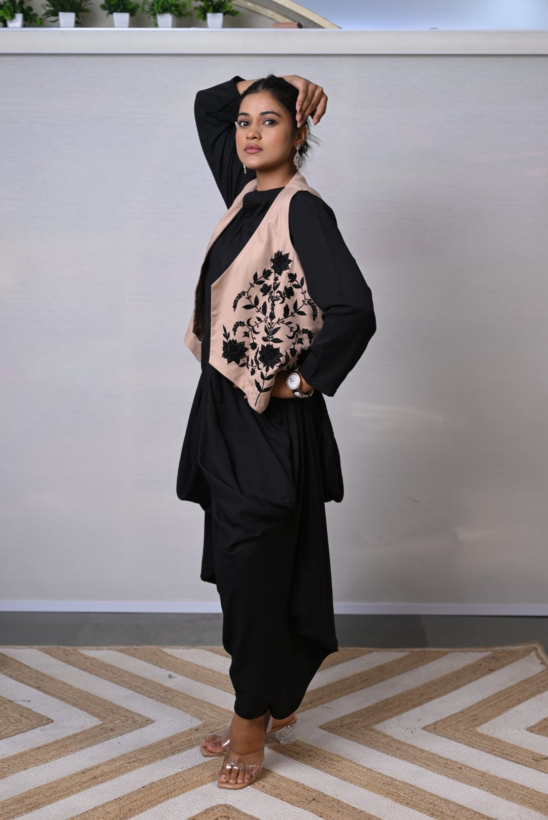Black Cowl Dress with Nude Embroidered Jacket