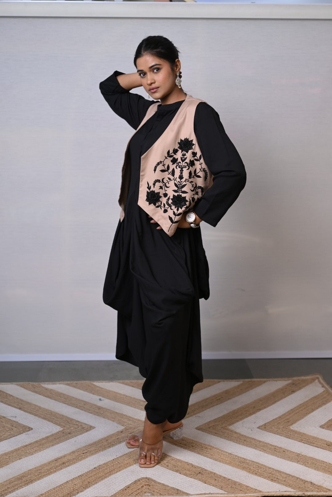 Black Cowl Dress with Nude Embroidered Jacket