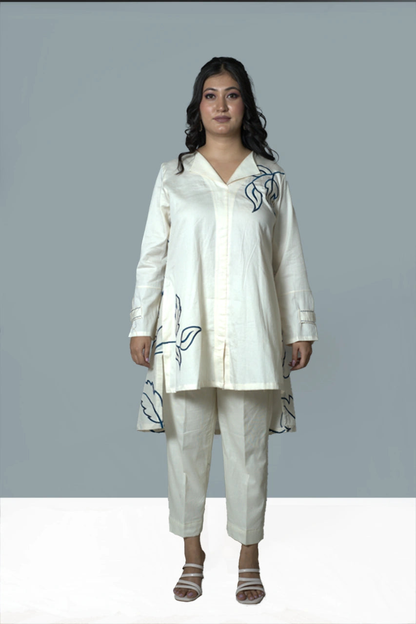 High-Low Leaf Embroidery Ivory Co-Ord Set