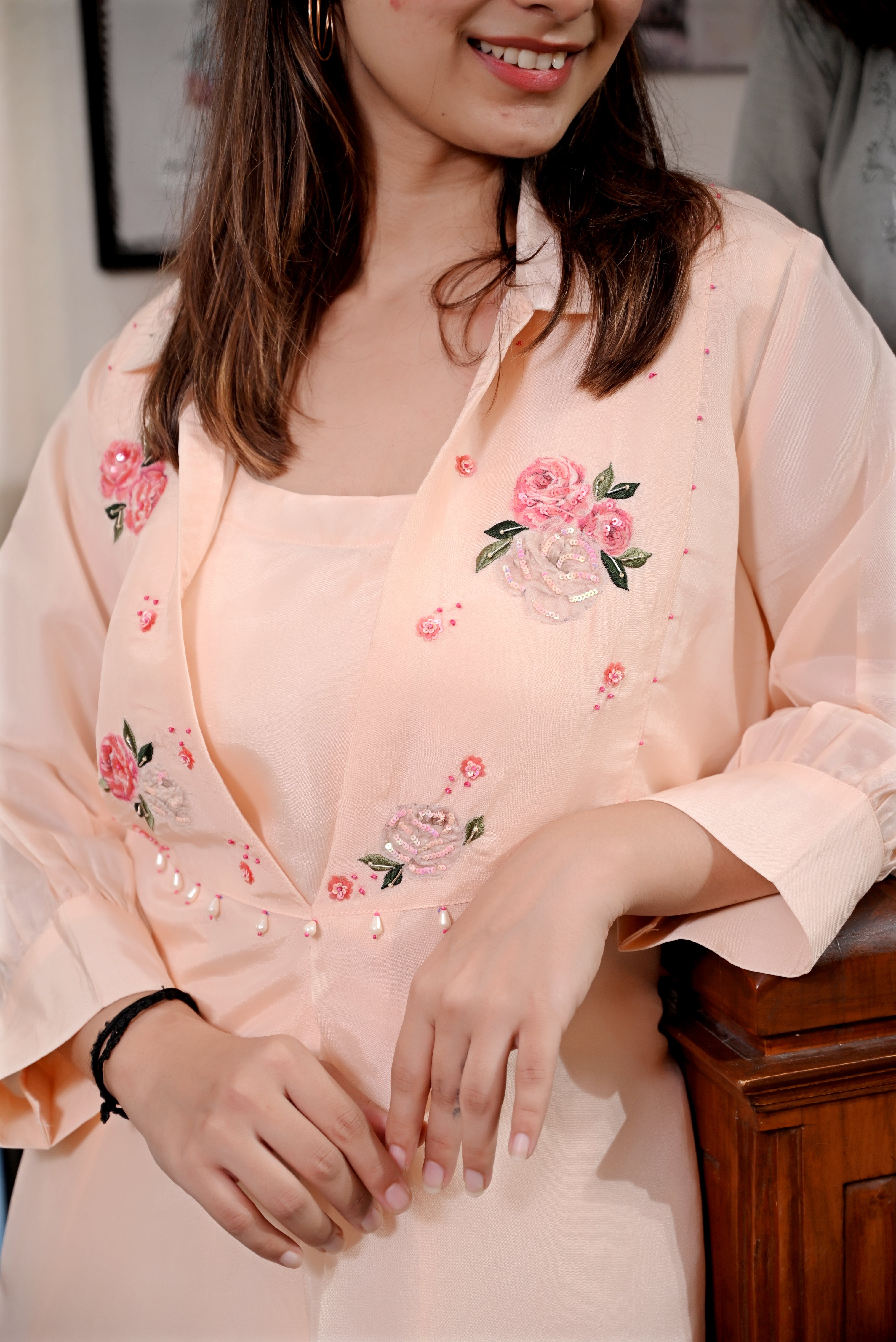 Peach Floral Embroidered Co-Ord Set with Palazzo Pants