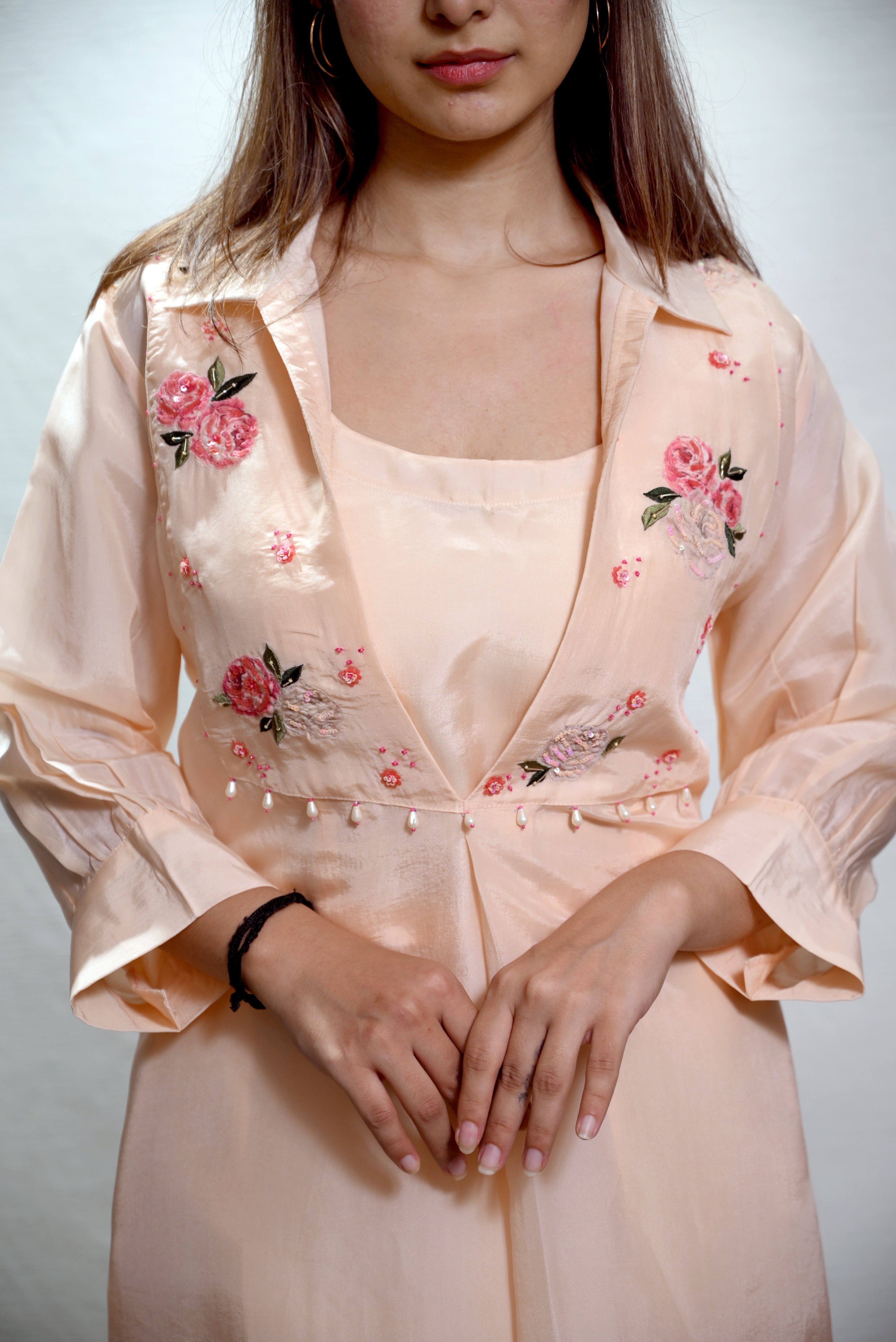 Peach Floral Embroidered Co-Ord Set with Palazzo Pants
