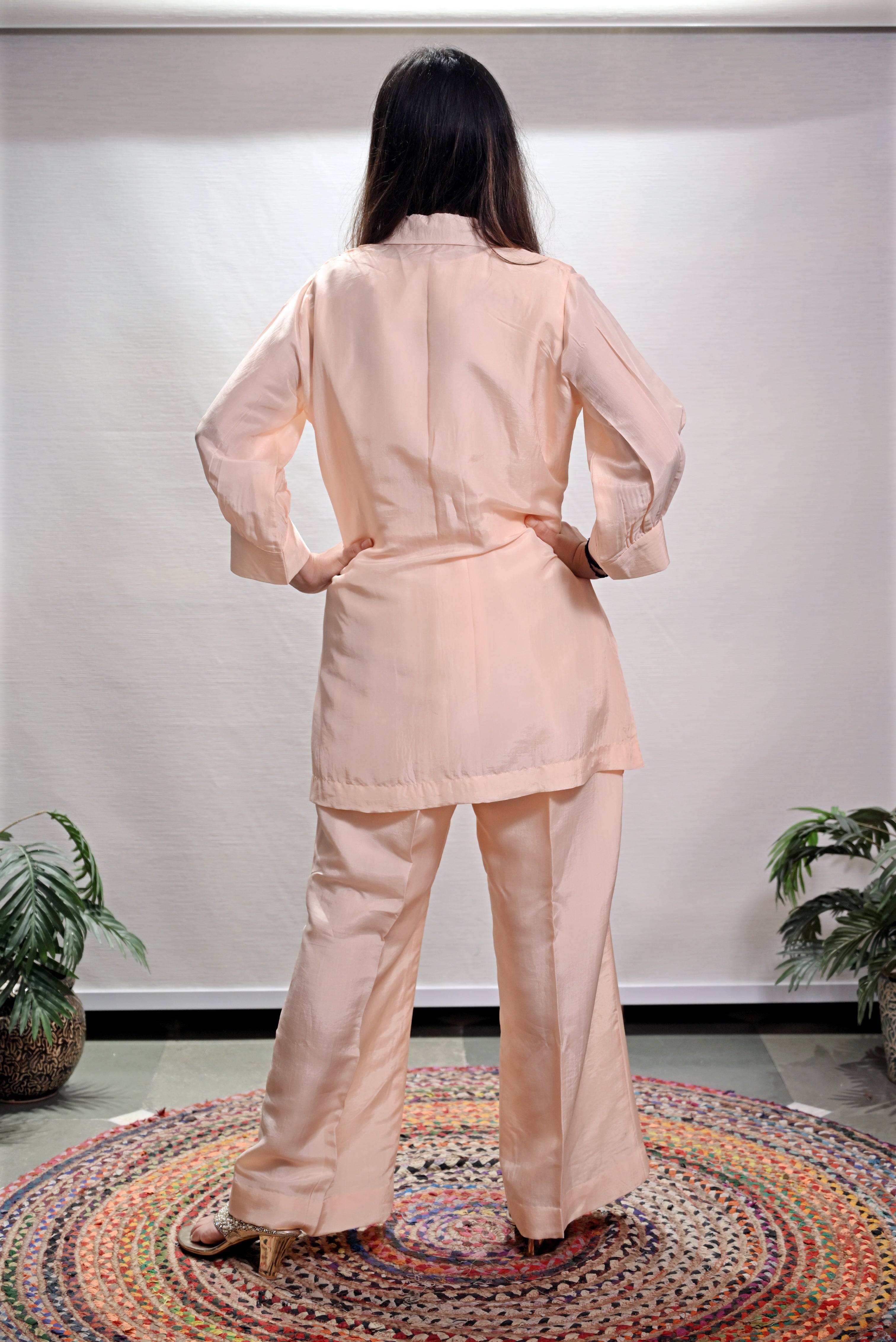 Peach Floral Embroidered Co-Ord Set with Palazzo Pants