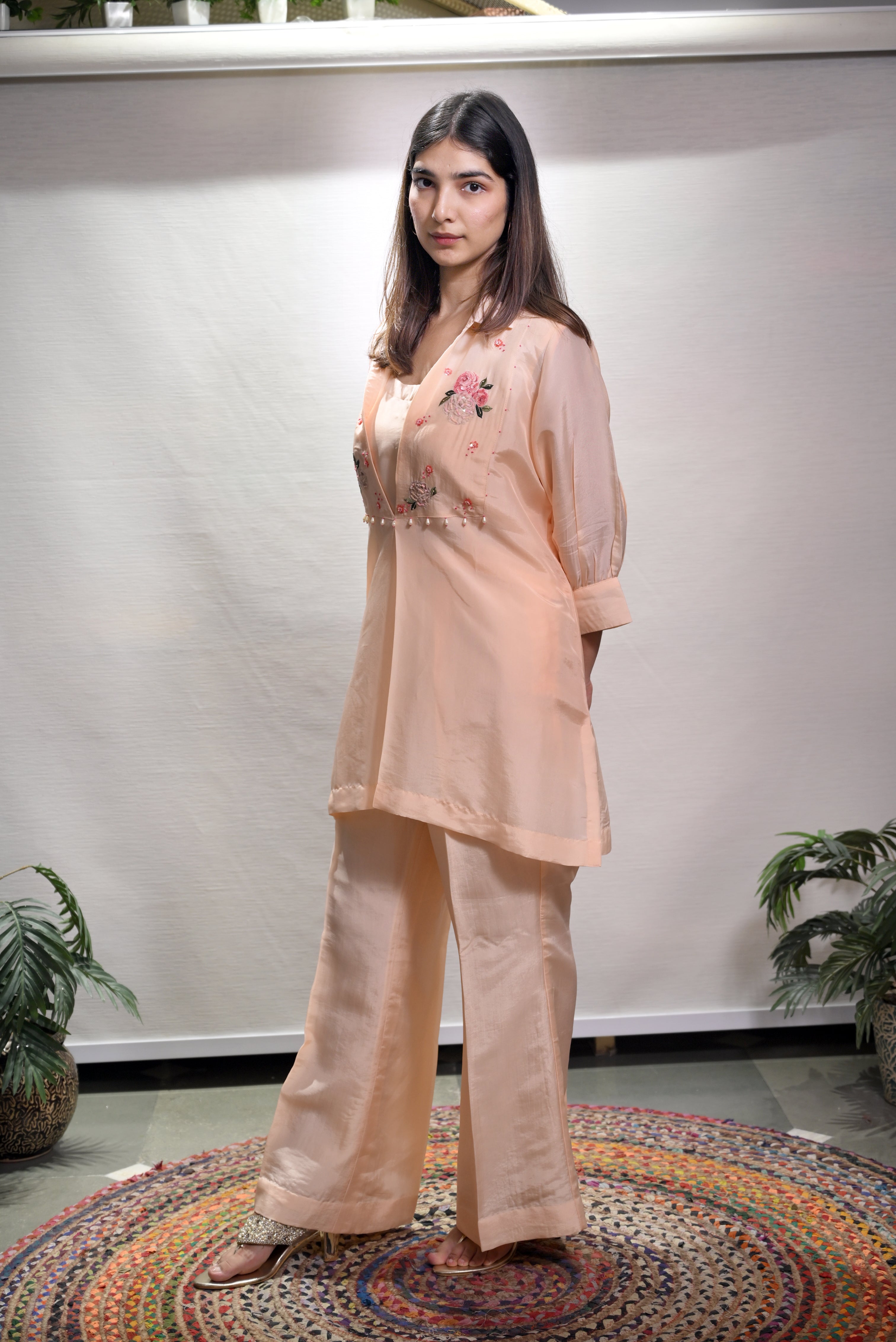 Peach Floral Embroidered Co-Ord Set with Palazzo Pants