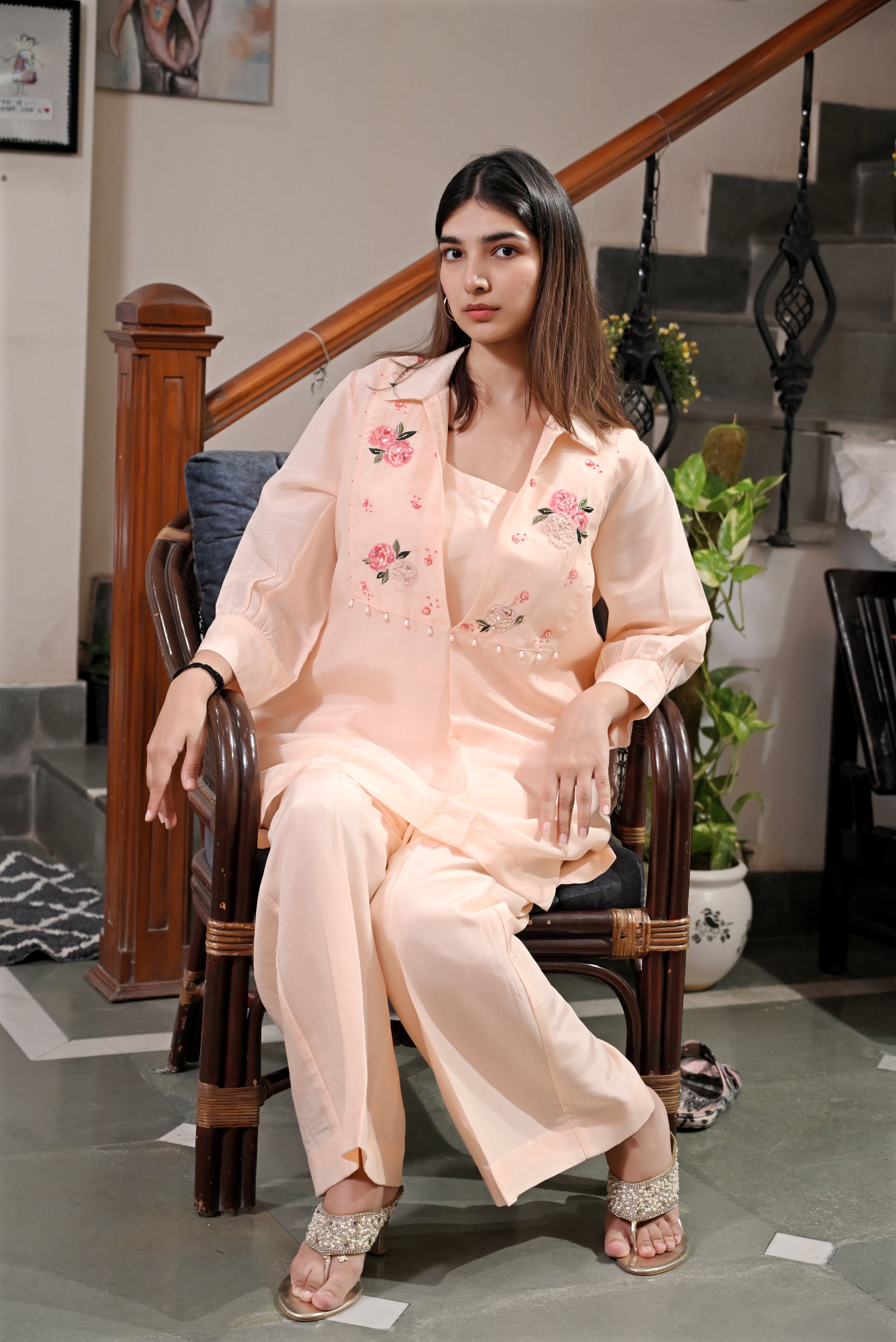 Peach Floral Embroidered Co-Ord Set with Palazzo Pants