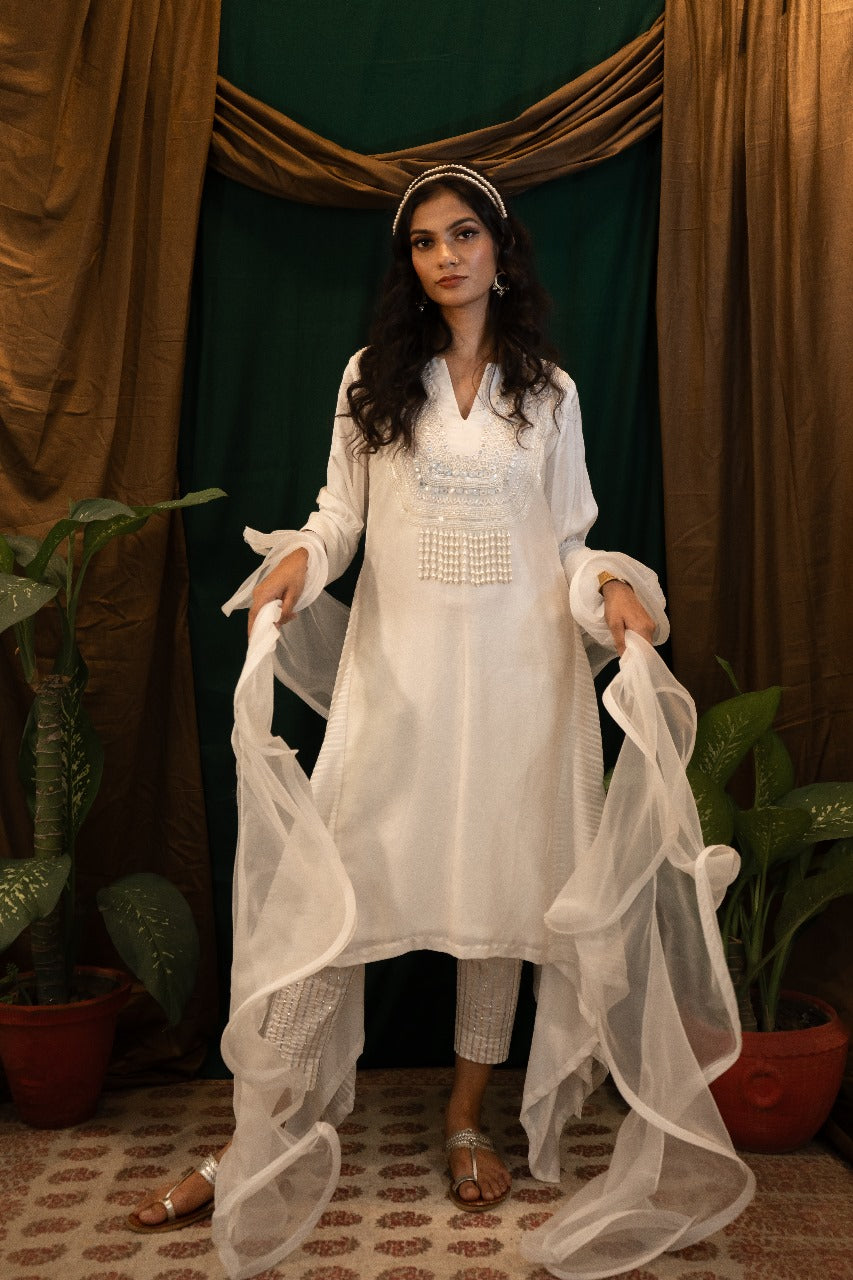 Asymmetrical Kurta Set with Ruffle Dupatta