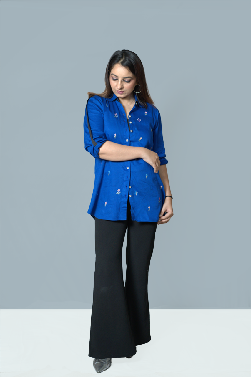 Royal Blue Embroidered Shirt-Style Top