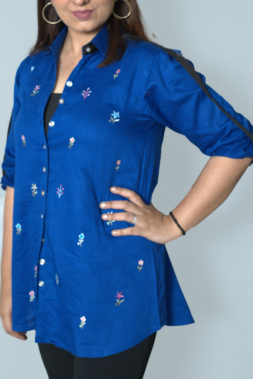 Royal Blue Embroidered Shirt-Style Top