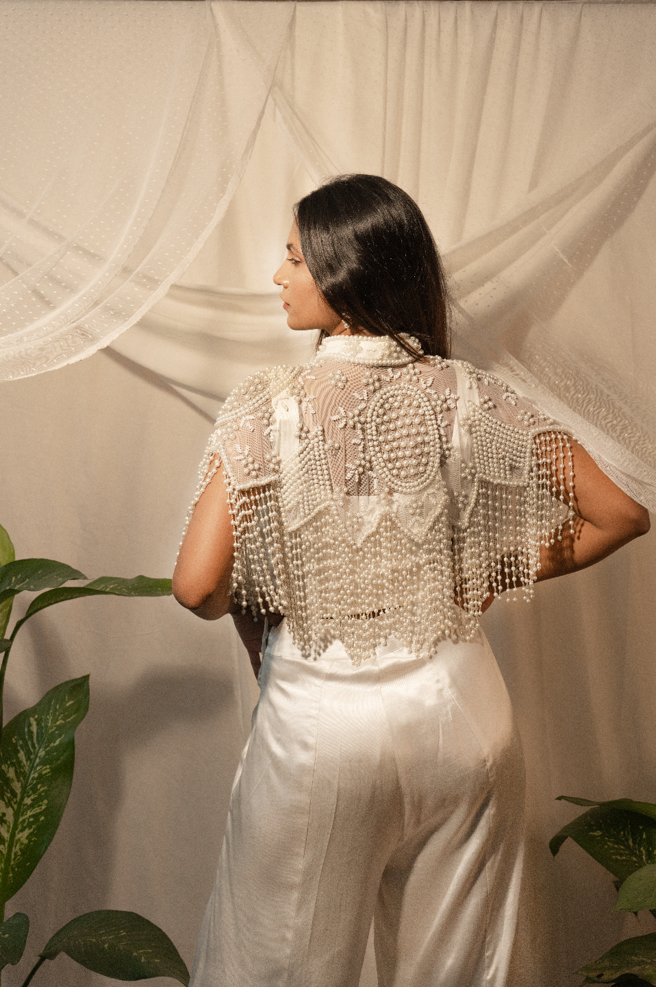 Pearl Embroidery Cape and Flared Pants