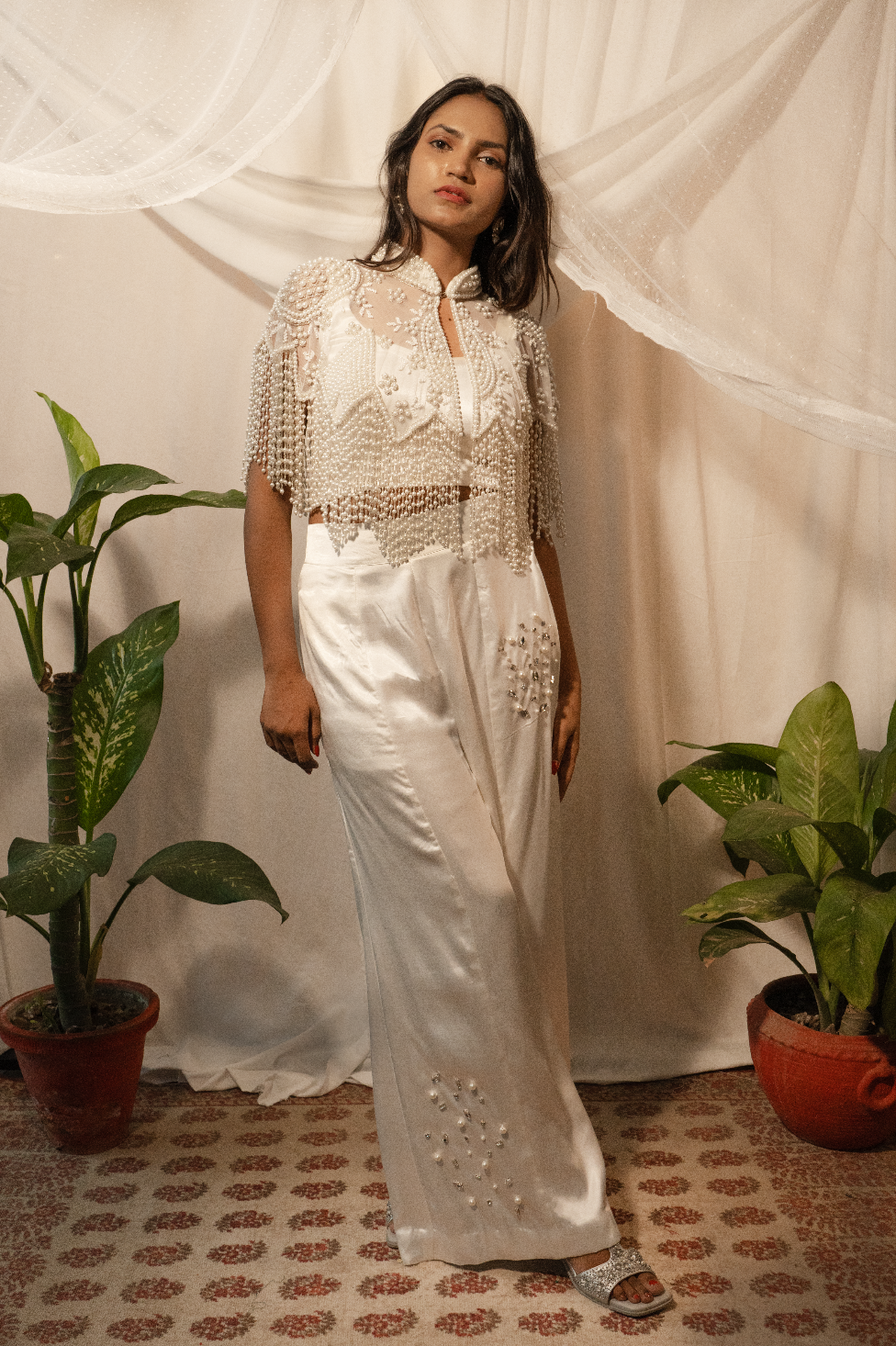 Pearl Embroidery Cape and Flared Pants