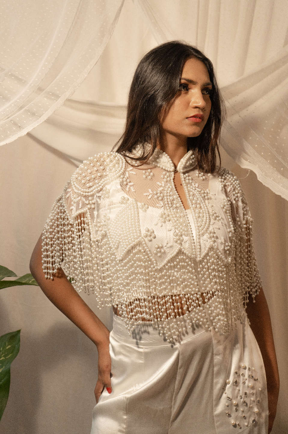 Pearl Embroidery Cape and Flared Pants