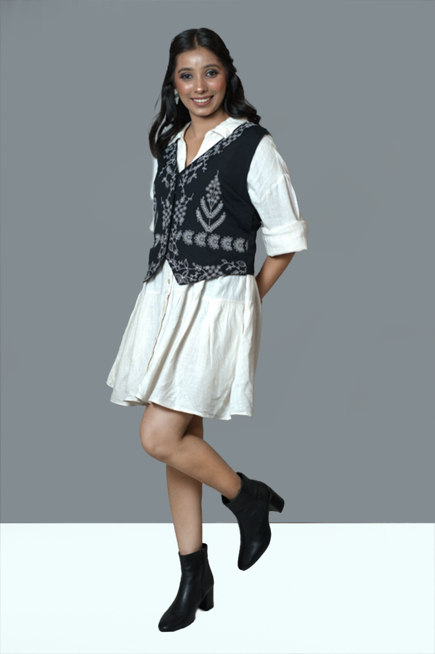 Shirt Dress with Embroidered Waistcoat Set