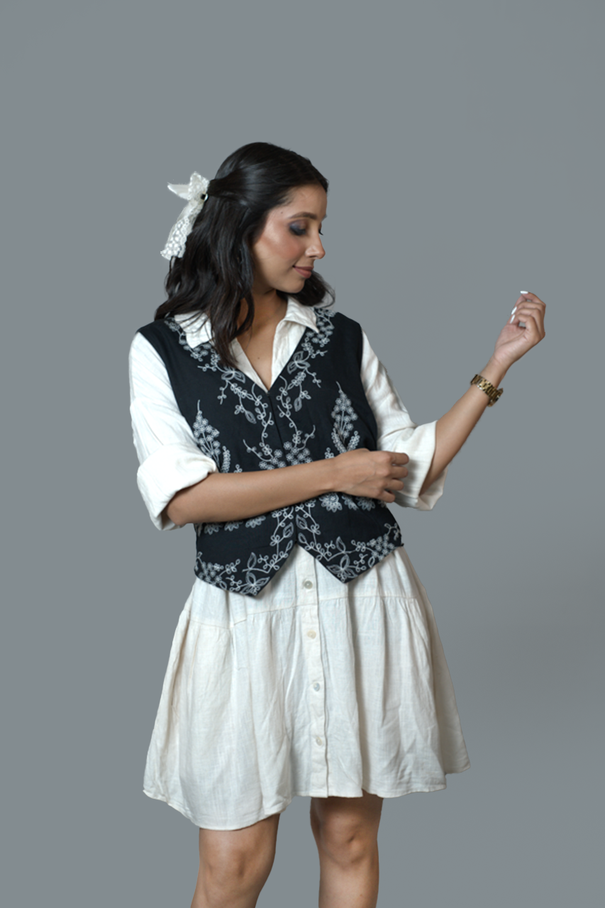 Shirt Dress with Embroidered Waistcoat Set