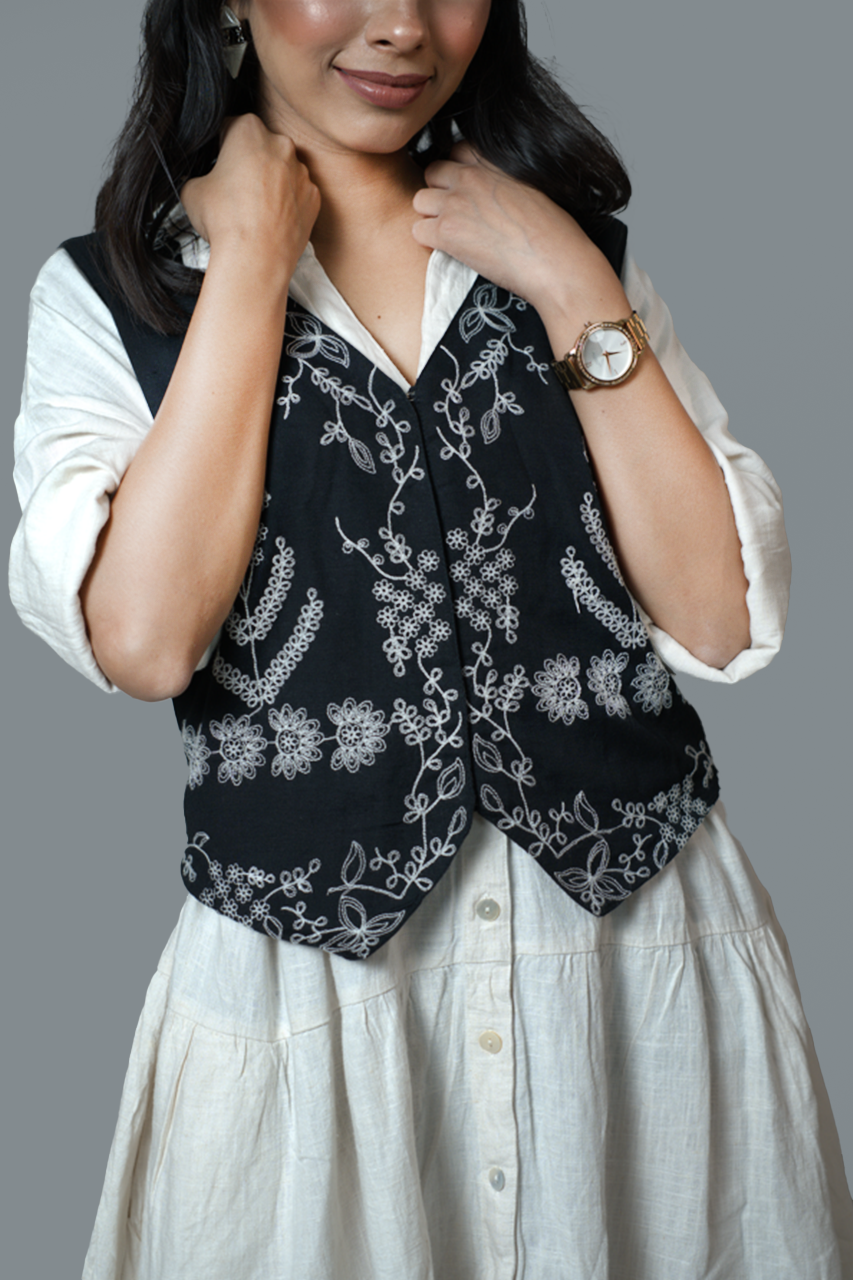 Shirt Dress with Embroidered Waistcoat Set