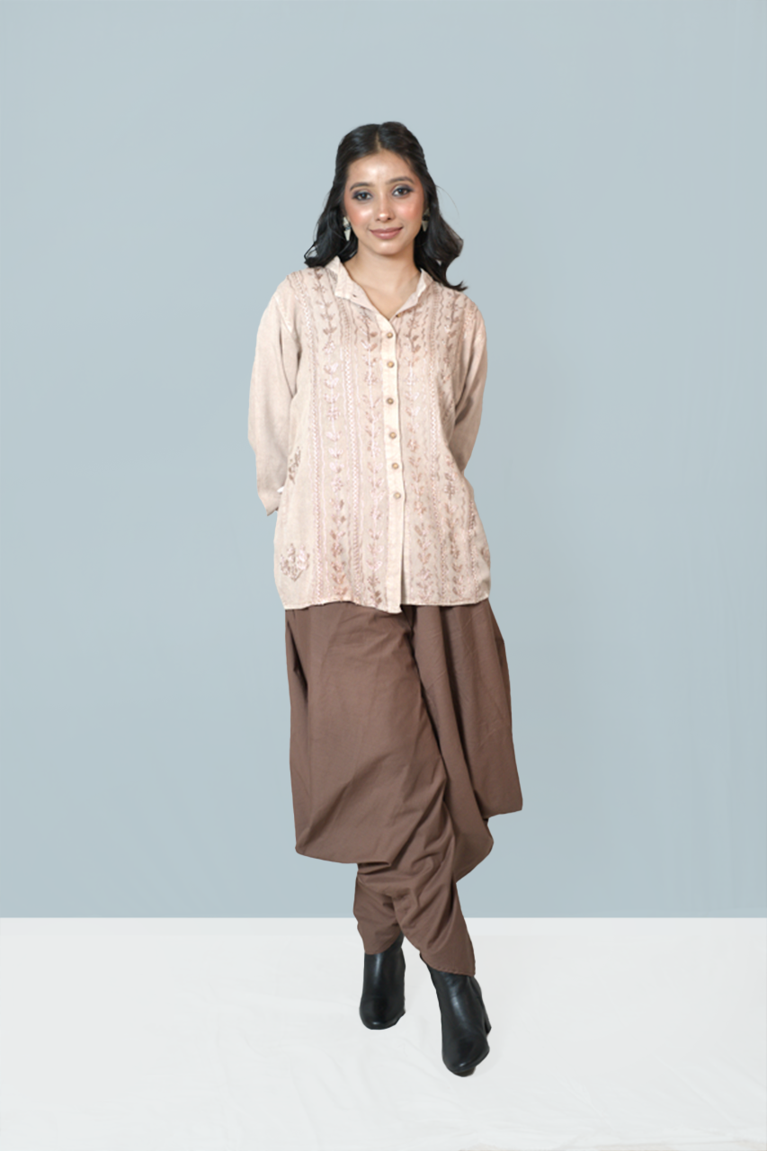 Beige Embroidered Shirt with Brown Draped Dhoti Pants Set