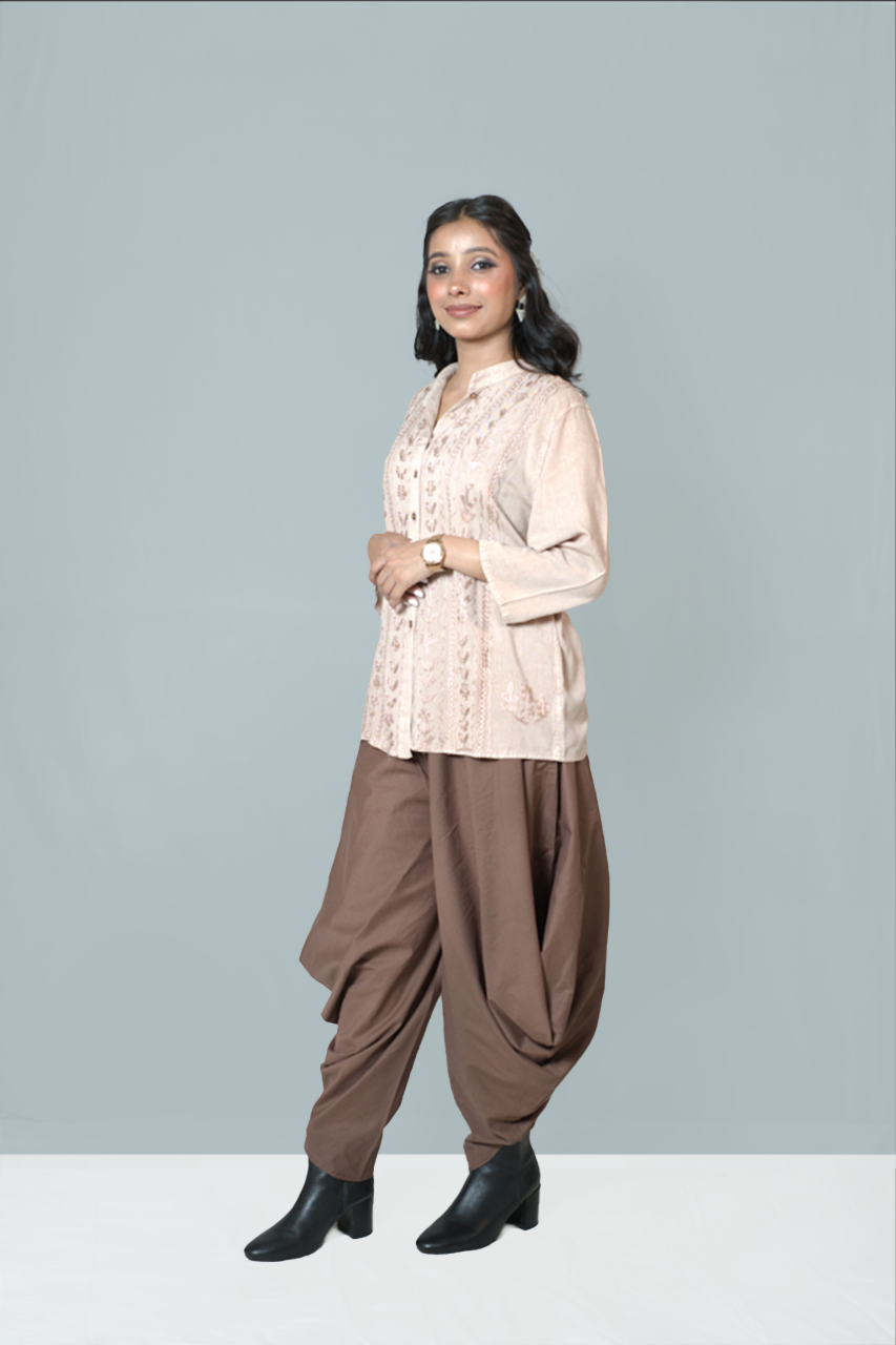 Beige Embroidered Shirt with Brown Draped Dhoti Pants Set