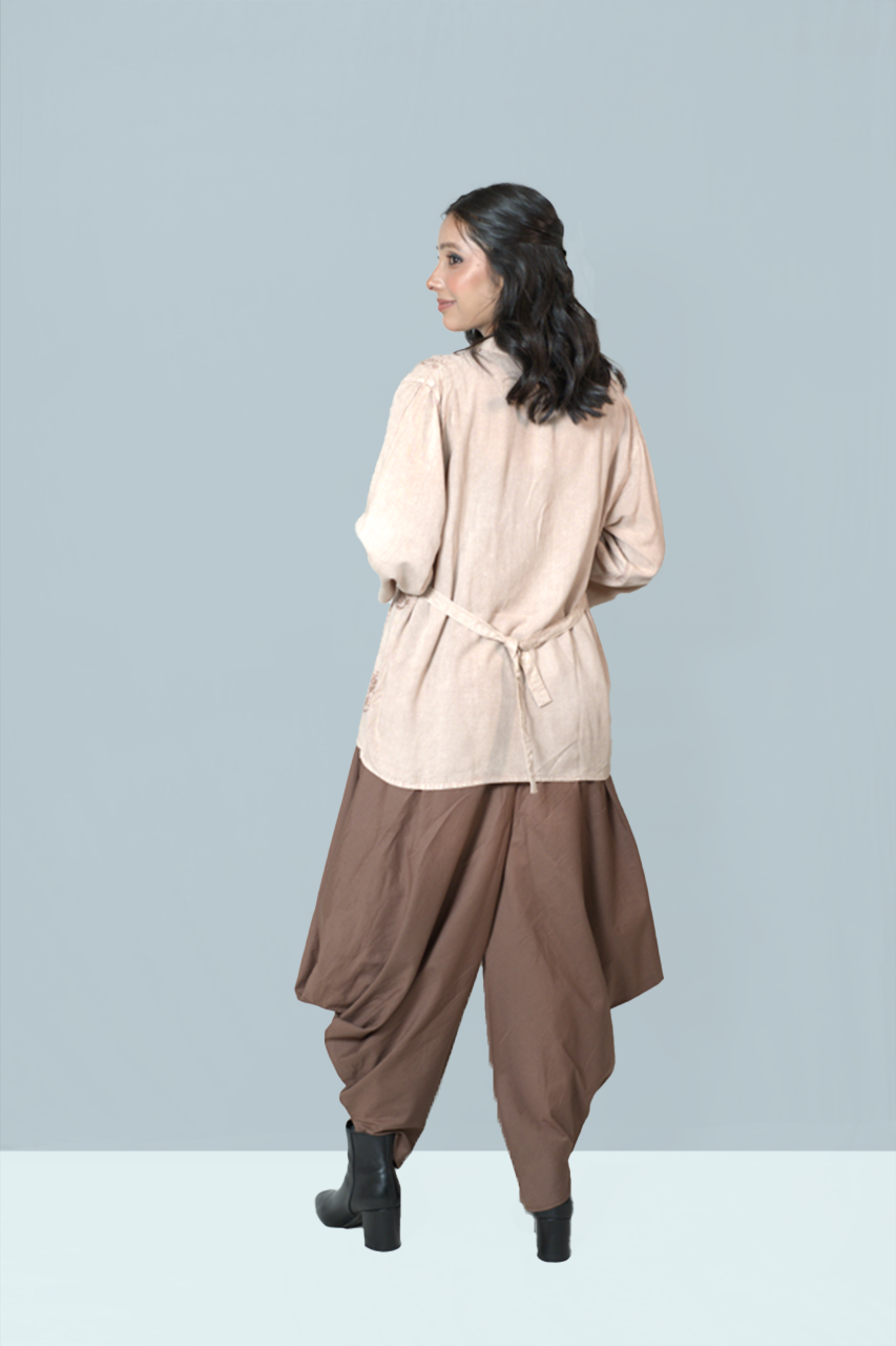 Beige Embroidered Shirt with Brown Draped Dhoti Pants Set