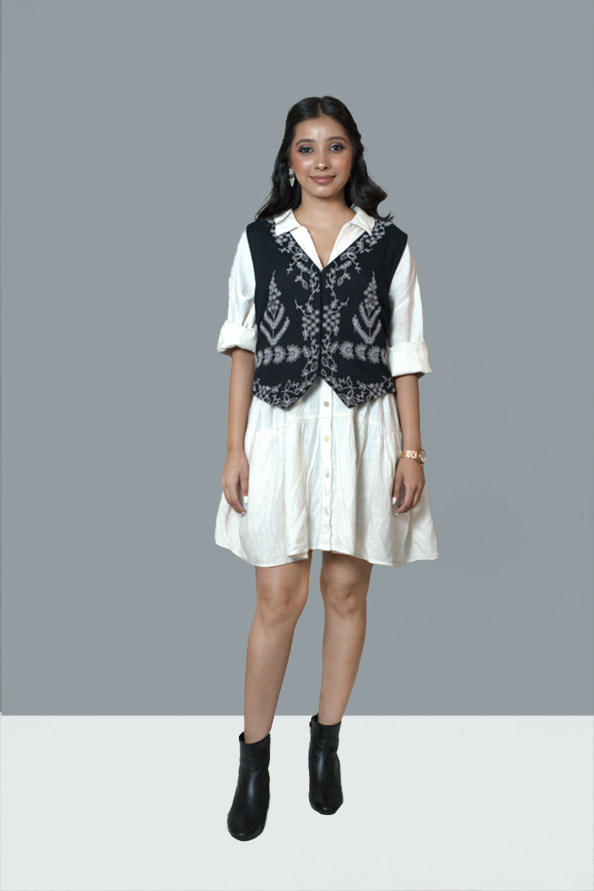 Shirt Dress with Embroidered Waistcoat Set