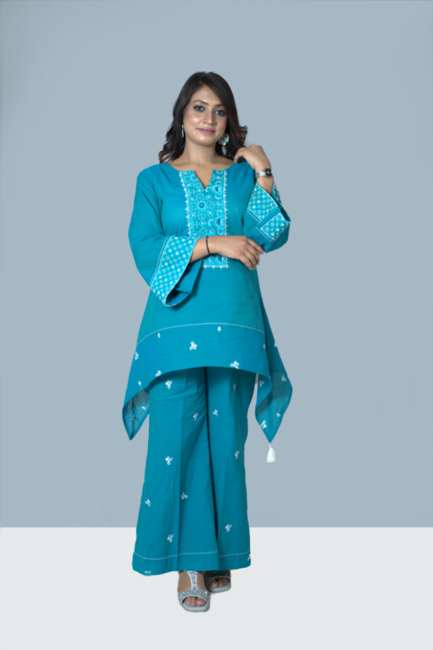 Turquoise Blue Asymmetric Kurta Set